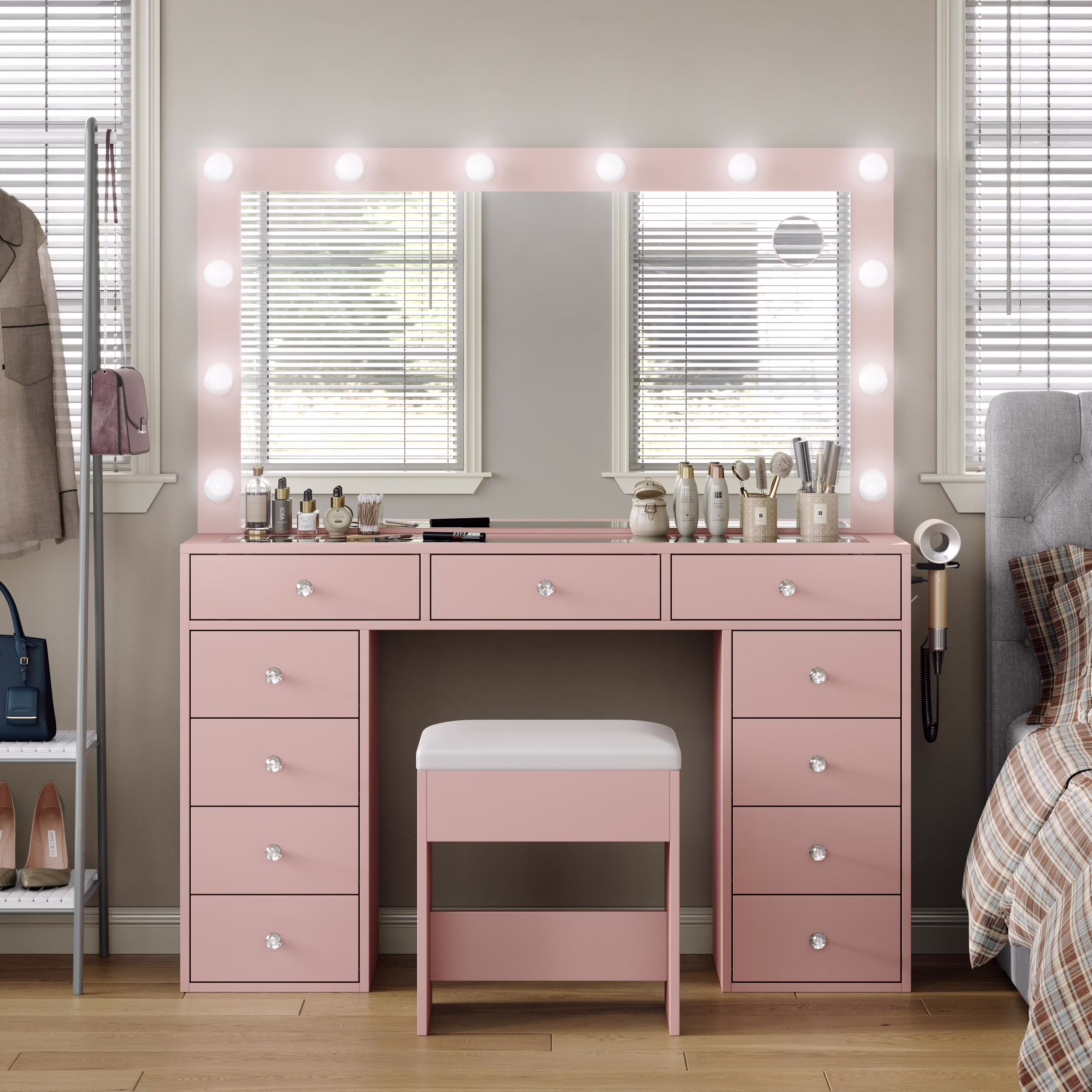 White Vanity Desk with Illuminated Mirror & Power Outlet, 11 Drawers Vanity Table with Chair, Makeup Vanity with 12 LED Lights, Tempered Glass Top, Dressing Table for Bedroom,Dressing Room