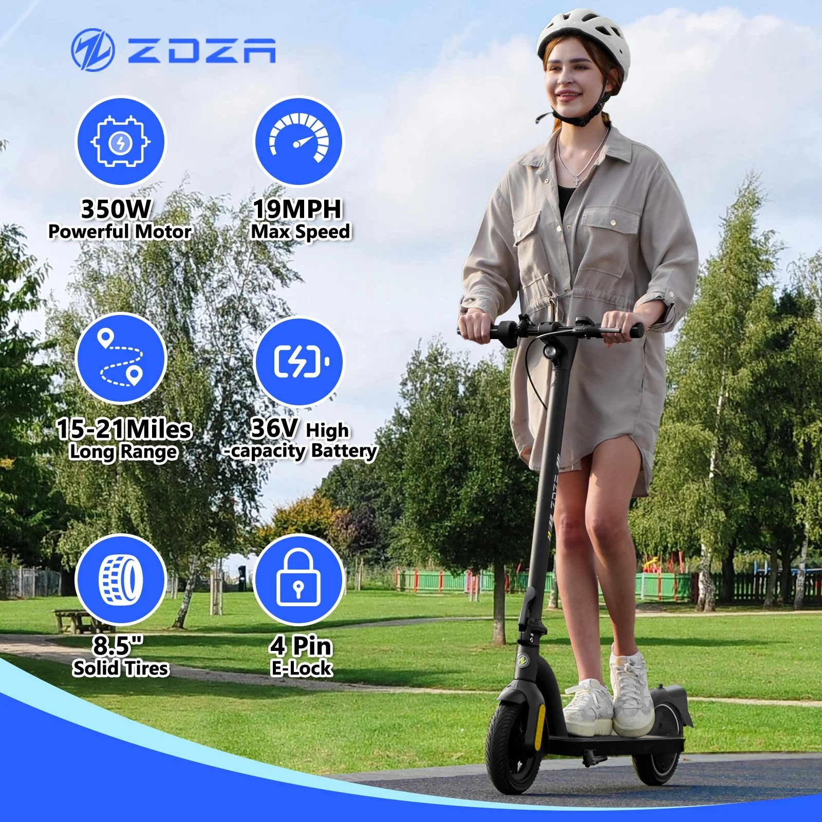 ZDZA 350W & 19MPH Electric Scooter for Adults, 12-21 Miles Range, 8.5' Foldable Escooter