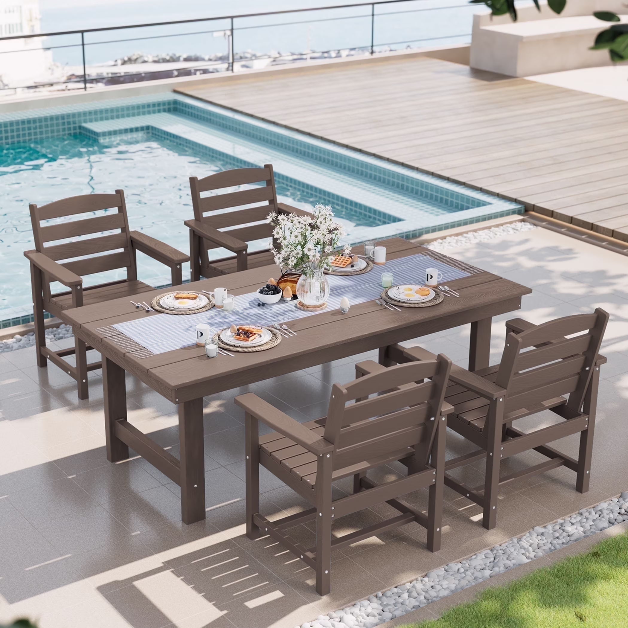 SERWALL Outdoor HDPE Dining Table Set, 7-Piece Outdoor Dining Table Sets with Umbrella Hole, Grey