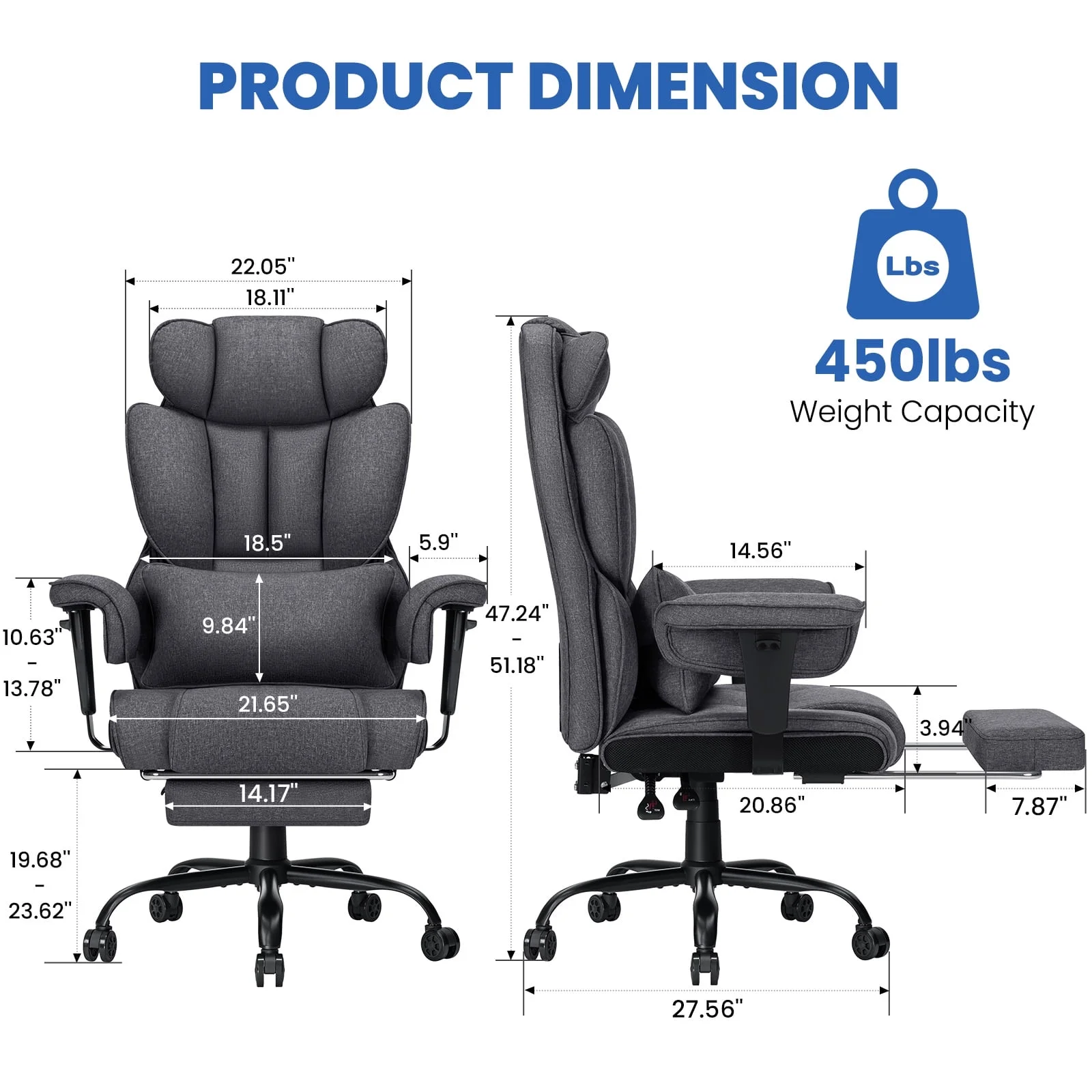 Hoffree Big and Tall Fabric Office Chair 450lbs, Executive Desk Chair with Massage Ergonomic  Computer Chair with Footrest Reclining Desk Office Chair with Lumbar Support for Home Office