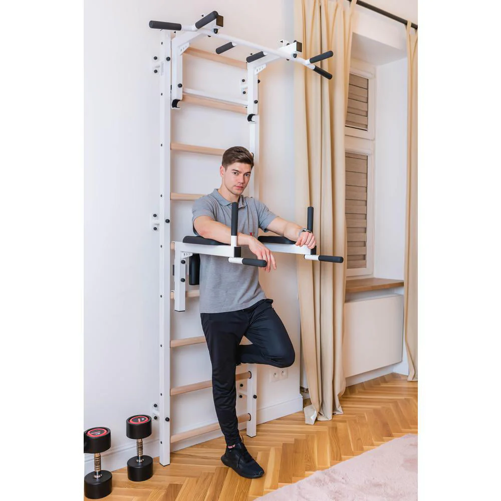 BenchK 733 White Wall bars with convertible steel 6-grip pull-up bar that can also be used as a barbell holder, dip bar with back support and advanced workout bench