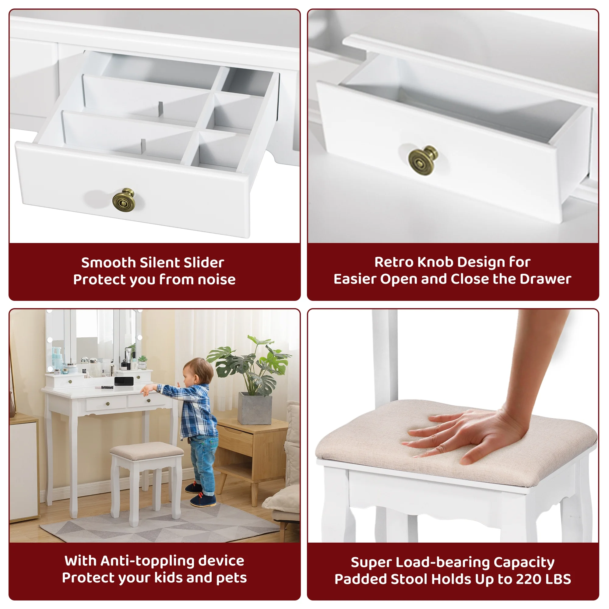 LilyFantasy Makeup Vanity with Lights, Vanity Desk with Cushioned Stool, Tri-fold Vanity Table Set with 4 Drawers, 3 Adjustable Light Modes, 2 Brush Slots, 2 Open Compartments for Girls, Women, White