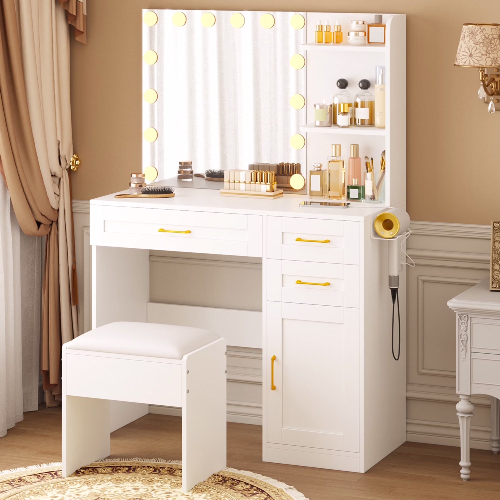 Tomnk White Vanity with Lights Mirrors, Makeup Vanity Desk with Drawers and Chair, Power Outlet