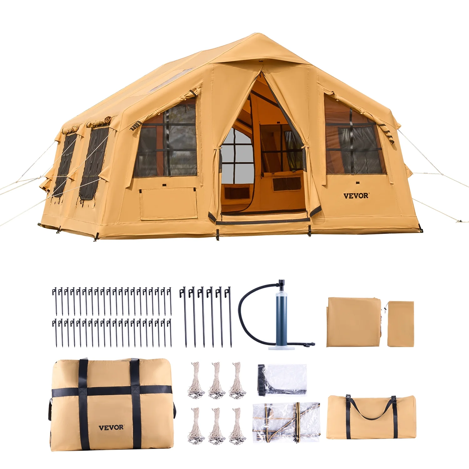 VEVOR Inflatable Tents for Camping,8-12 Person Easy Setup Blow up Tent with Hand Pump,4 Season Luxury Glamping Tent with 2 Skylights, Canopy,Stove Jack, 2 Doors & Mesh Windows(Include Storage Bag)