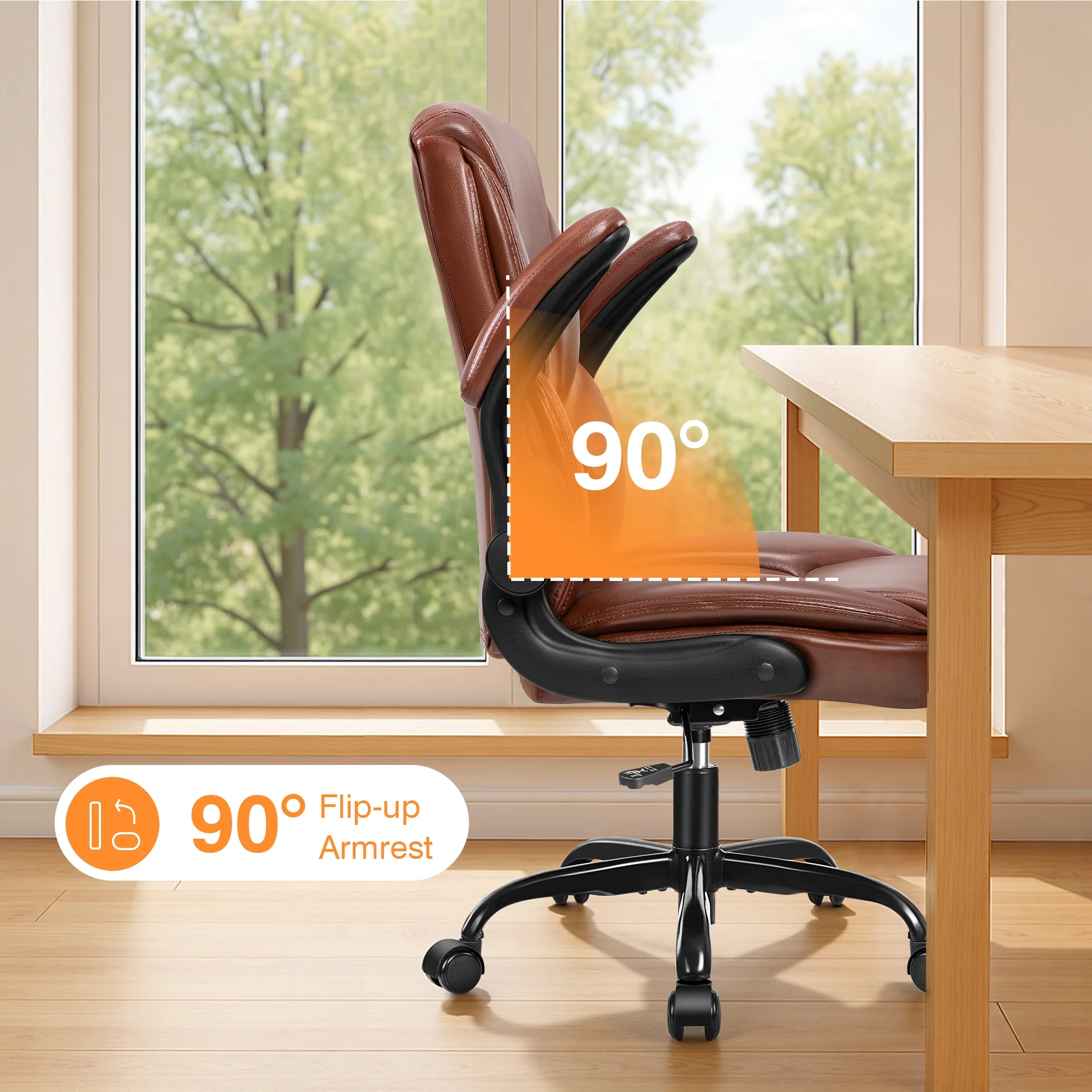 Primy Compact PU Leather Office Chair - Ergonomic Adjustable Height Computer Desk Chair with Flip-Up Armrests, Mid-Back Executive Swivel Chair on Wheels for Small Spaces & Petite Users, Black