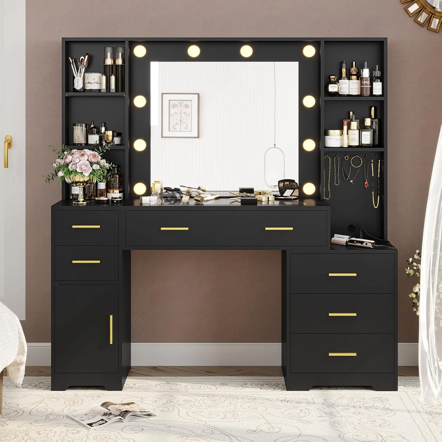 Makeup Vanity Desk with Lighted Mirror & Charging Stations & 6 Drawers Large Vanity Table Bedroom Dressing Table with Glass Tabletop&Side Cabinet&Glass Tabletop, Black