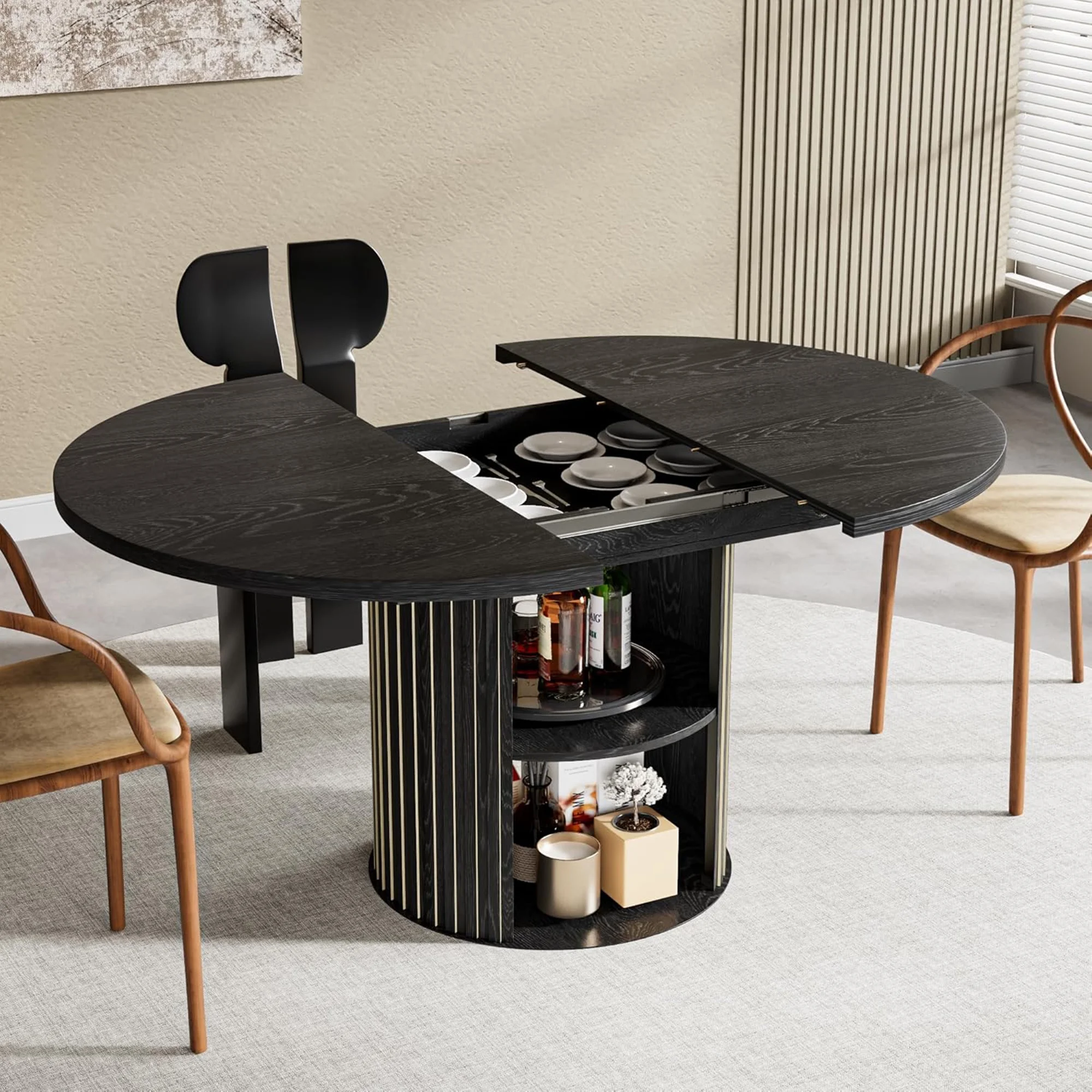 Extendable Dining Table for 4-6, Round Kitchen Table with Storage Shelf, Oval Dining Tables for Living Room (Walnut)