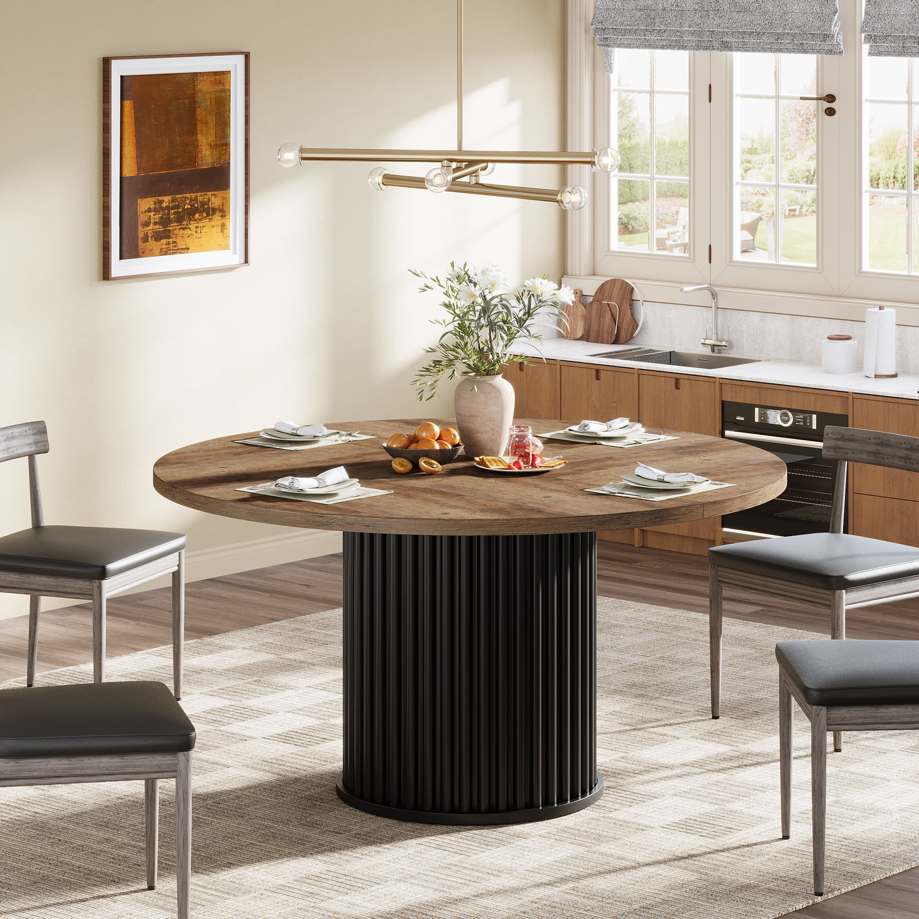 Tribesigns Black Round Dining Table for 4-6 People, 47.24-Inch Circle Wood Kitchen Table with Sturdy Fluted Metal Base, Modern Dining Room Furniture