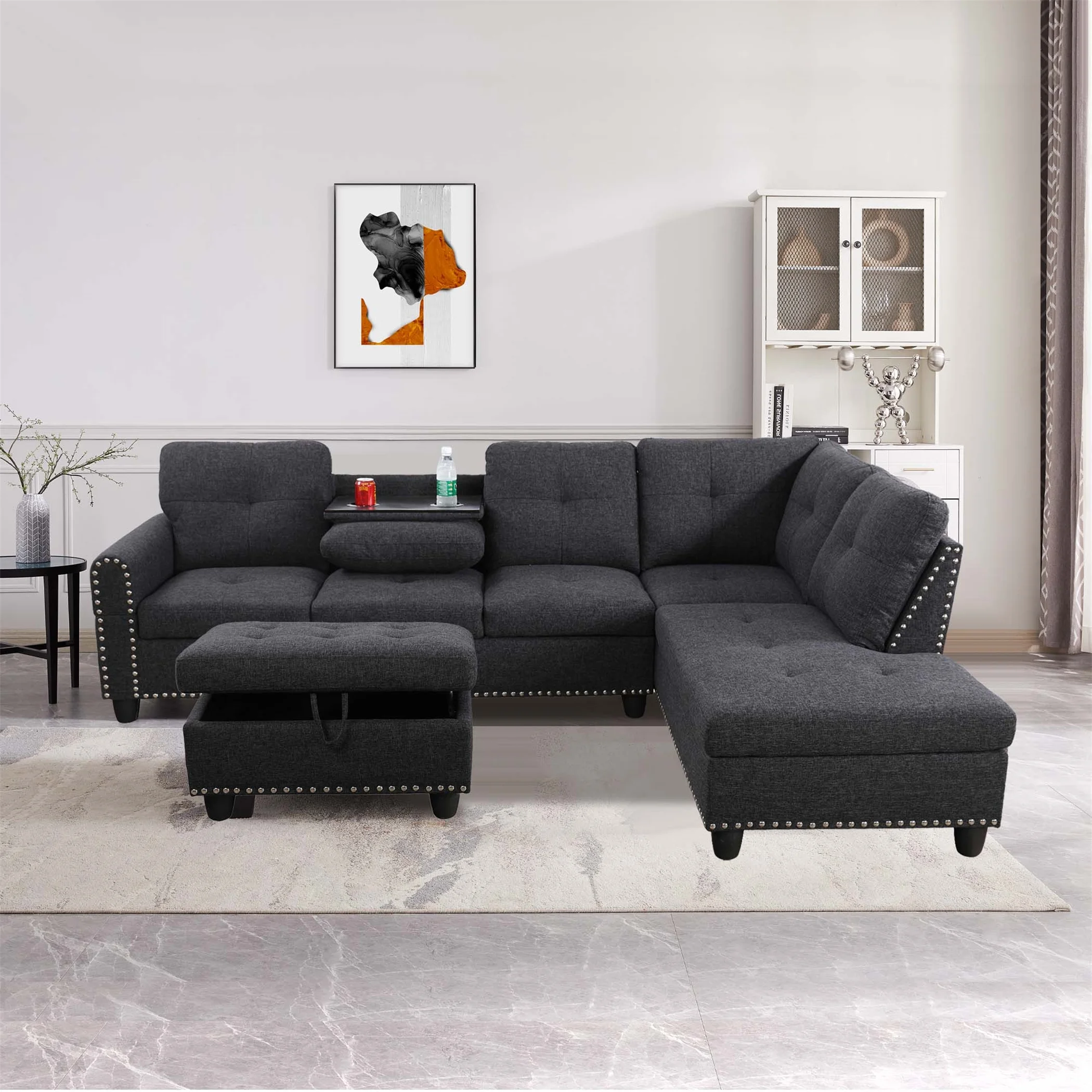 Aukfa 3 Piece Sectional Sofa, Living Room Couch with Storage Ottoman&Cup Holder, Linen, Left Hand, Black Gray