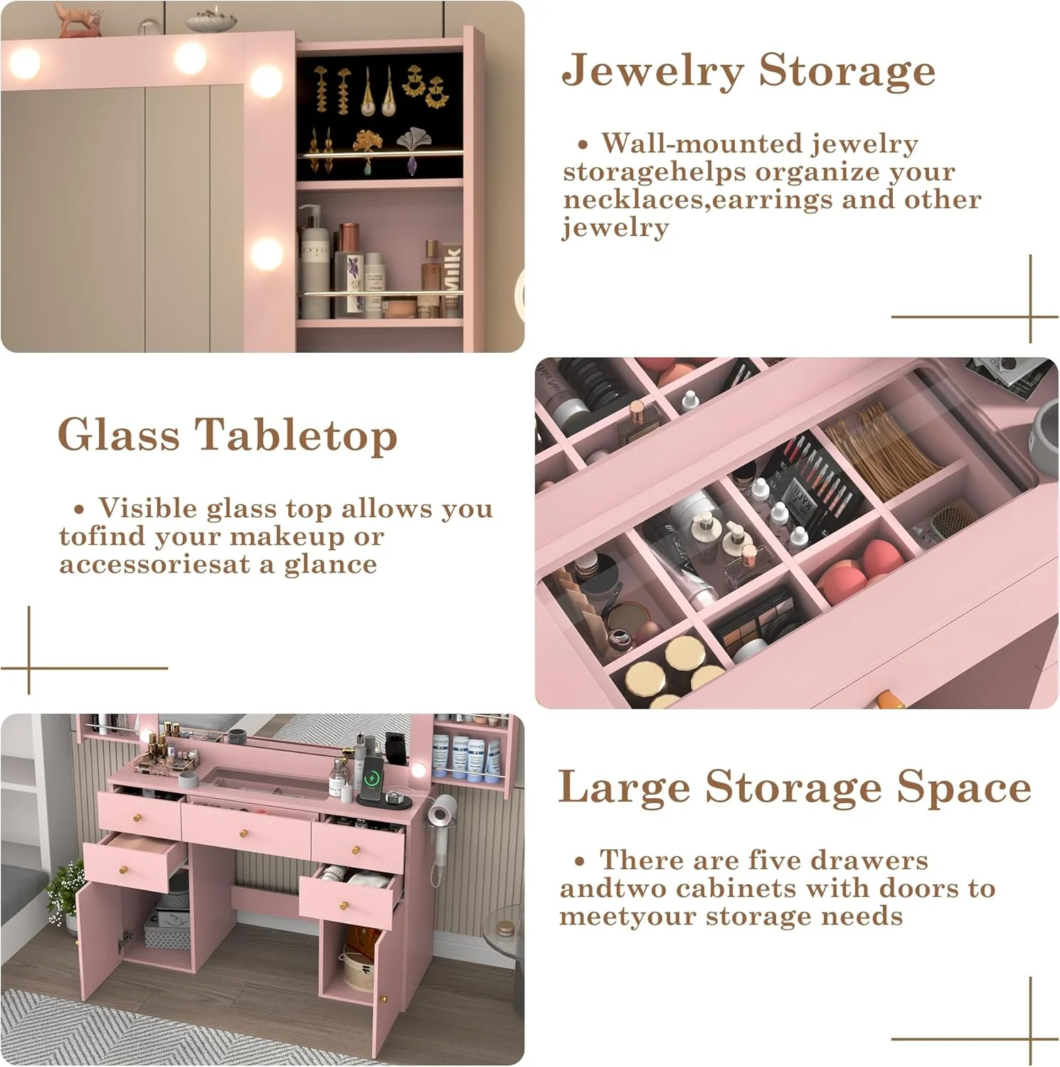White Vanity Desk with Large Lighted Mirror & Power Outlet, Makeup Vanity Table with Glass Top & Drawers, Sliding Storage, 44.1