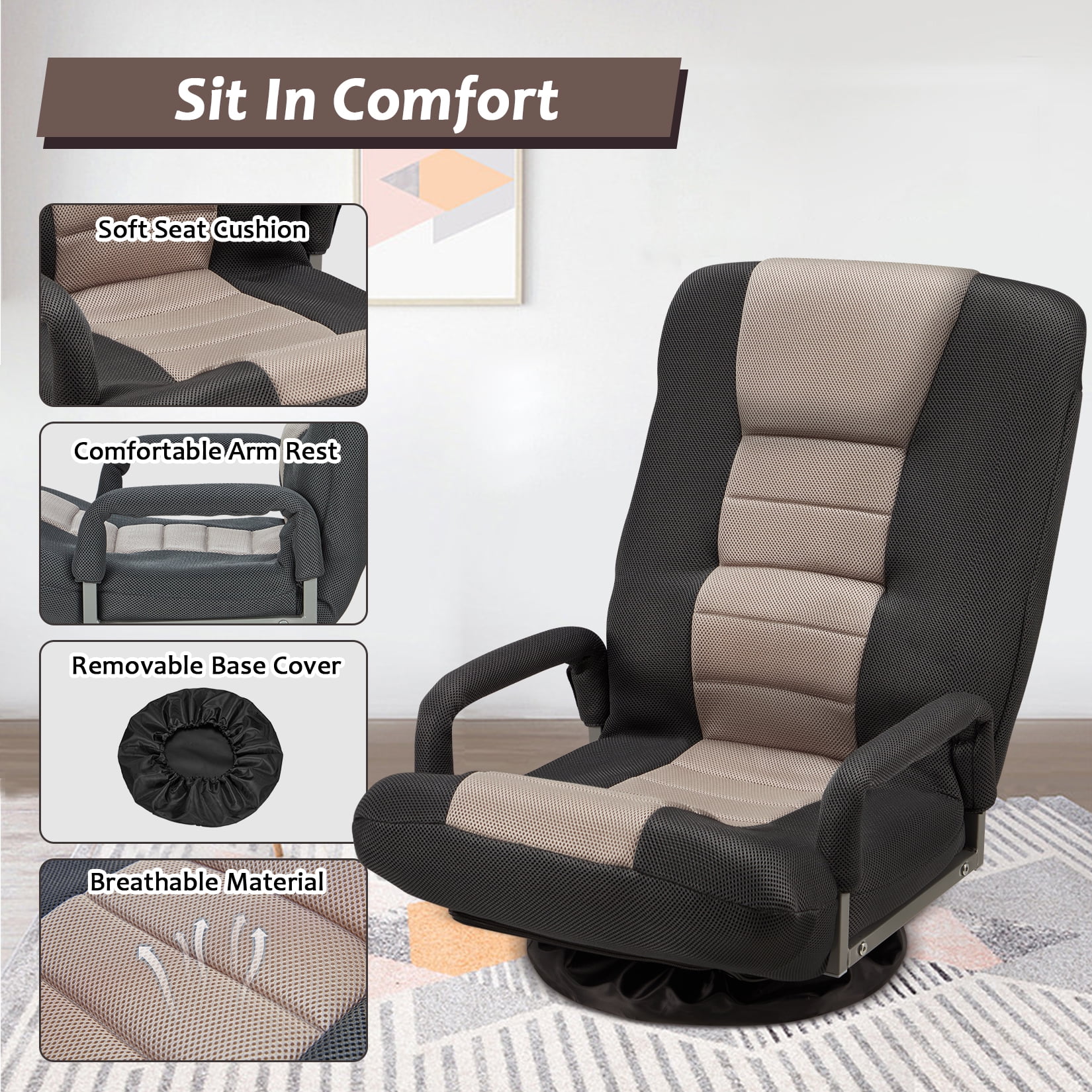 Avocahom Swivel Gaming Floor Chair w/ Armrest Handles, No Assembly gaming chair rocker, Folding Reclining Sofa w/6 Position Adjustable Backrest for Video Games, Watching TV, Reading,Blue