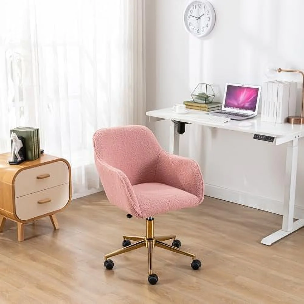 Modern Faux Fur Home Office Chair Height Adjustable, White Desk Chair Vanity Chair for Makeup Room, Rolling Desk Chairs with Wheels, Swivel Furry Cute Desk Chair for Teen Girls Women