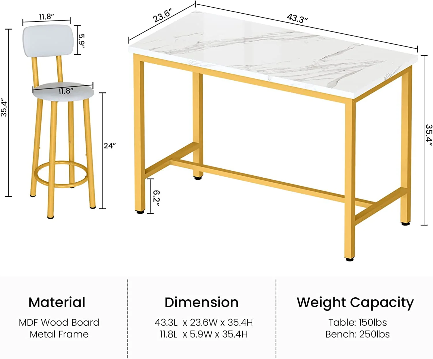 Recaceik Bar Table and Chairs Set Industrial Counter 35.4