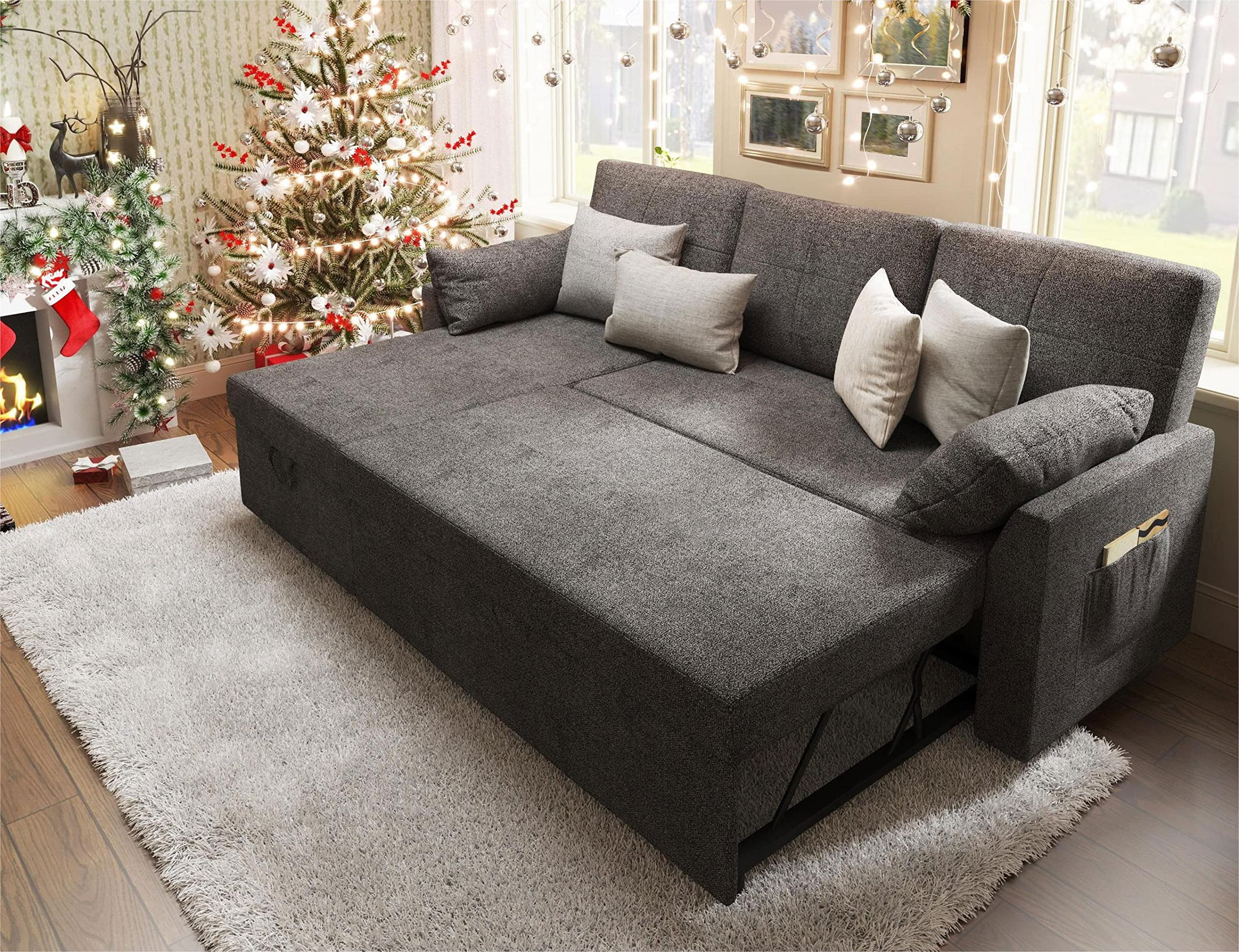VANACC Sofa Bed, Adult Sleeper Sofa with Storage Chaise, Pull Out Couch for Bed Room, Gray Chenille