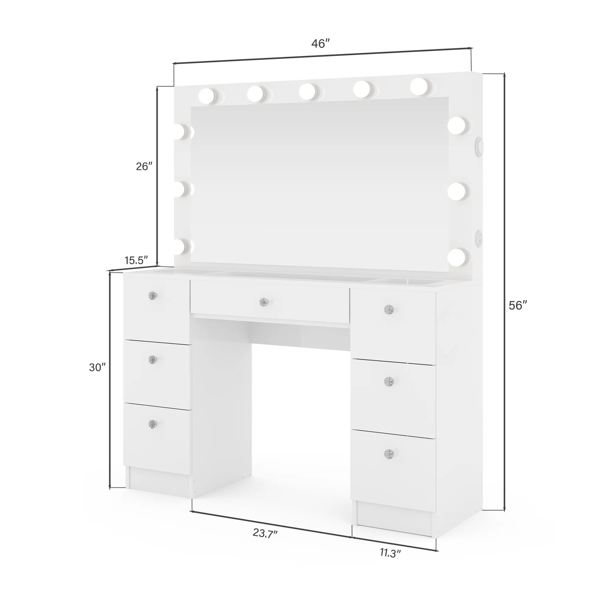 Ember Interiors Ibbie White Makeup Vanity with Glass Top, Lights, Charging Station