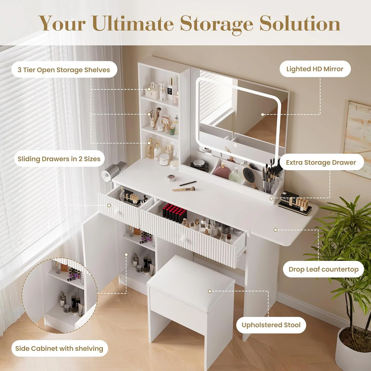 M optimized Vanity Desk with Mirror and Lights, Power Outlets Makeup Table with Drawers & Cabinet, Storage Stool, Dressing Table for Bedroom