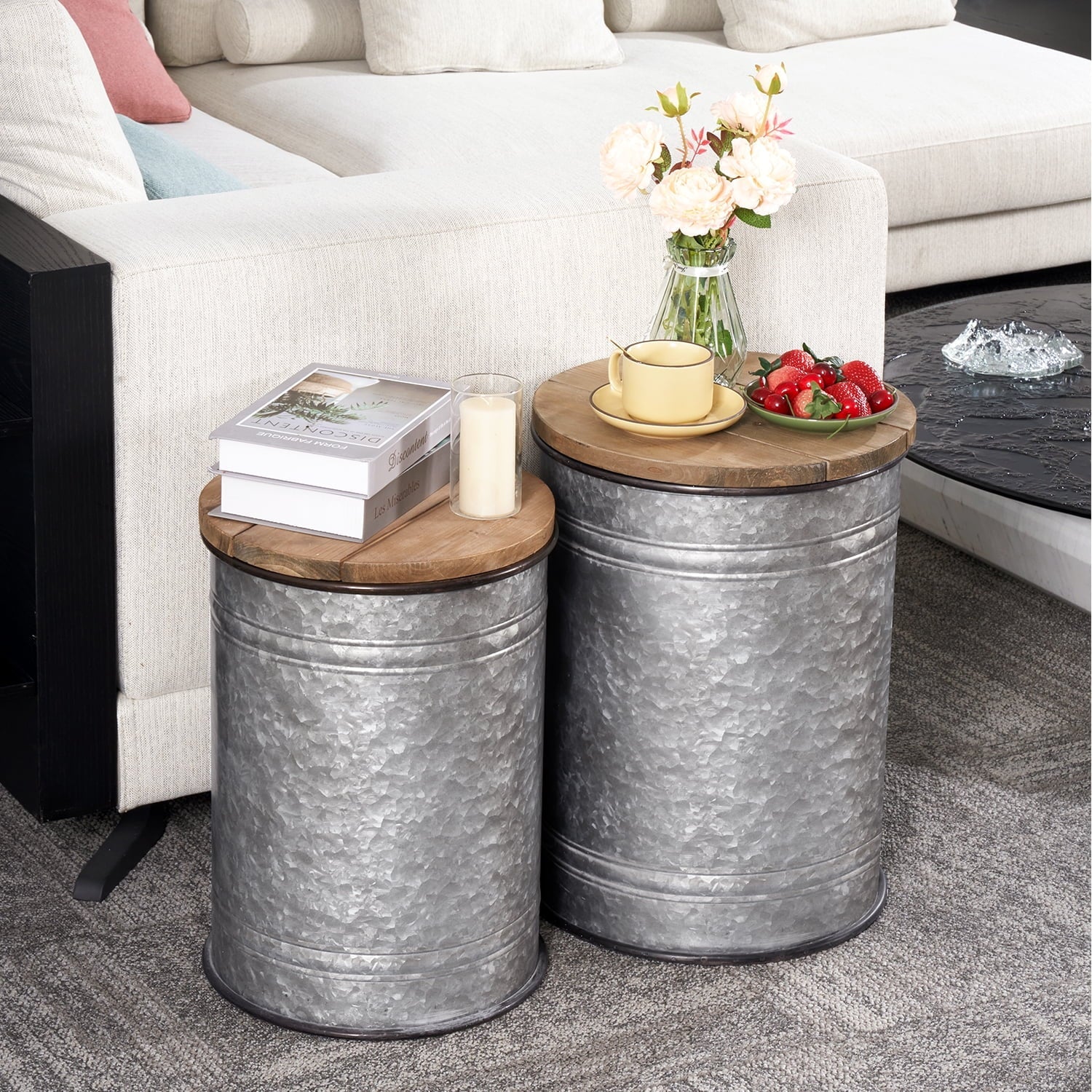 Oneinmil Set of 2 Modern Farmhouse Coffee End Table, with Large Storage Space, End Bench for Living Room, Bedroom, Gray