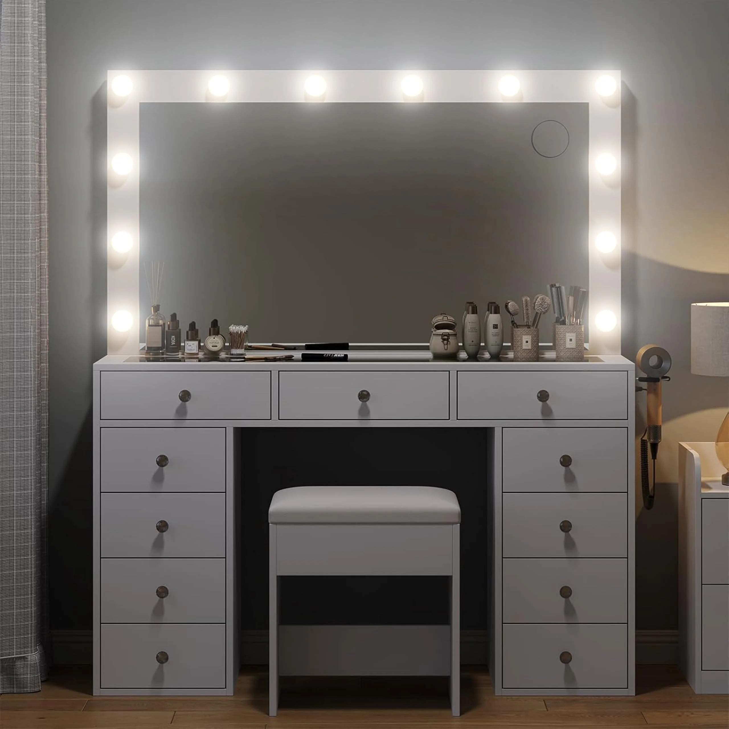 White Vanity Desk with Illuminated Mirror & Power Outlet, 11 Drawers Vanity Table with Chair, Makeup Vanity with 12 LED Lights, Tempered Glass Top, Dressing Table for Bedroom,Dressing Room