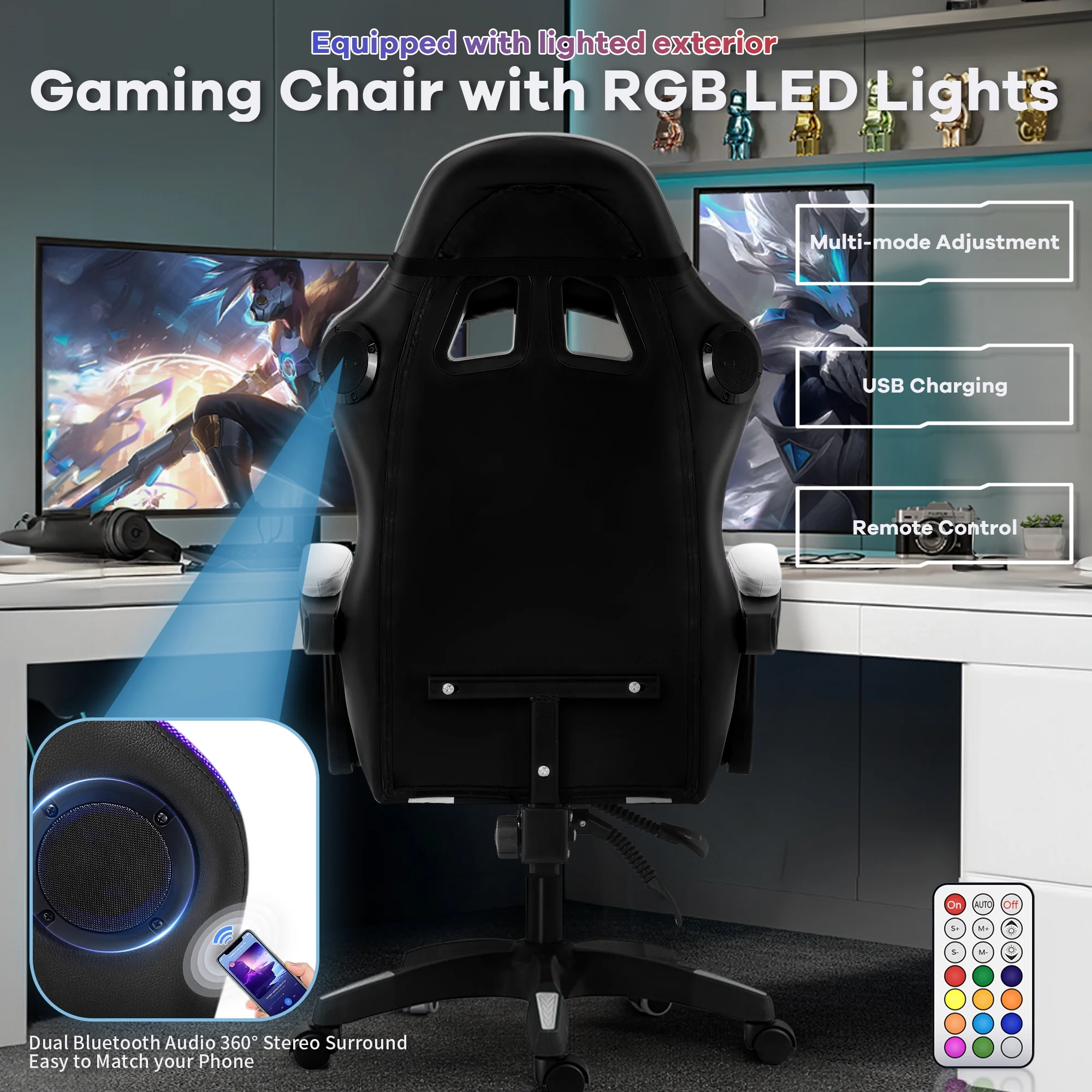 Ergonomic Gaming Chair, CHAHO Gaming Chair with Speaker & LED Lights, Computer Racing Chair for Adults, PU Leather Office Chair with Footrest Lumbar Support Headrest, Red