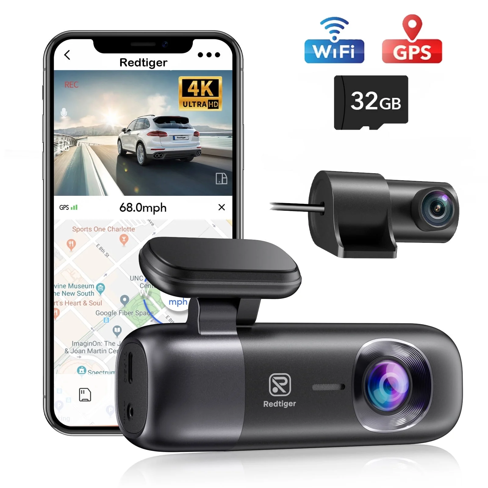 REDTIGER Dash Cam, 4K Front and 1080P Rear Car Dashcam with WiFi & GPS, App Control, Night Vision, Free 32GB Card