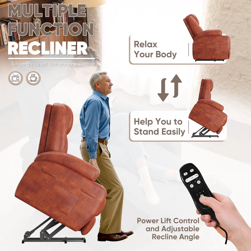 Lacoo power lift electric Massage recliner chair Oversized Single Sofa with Cup Holder for elderly,Black