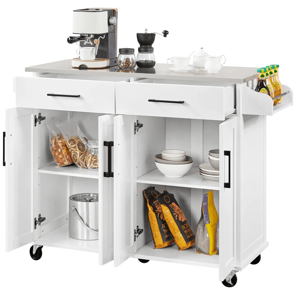 SMILE MART Large Kitchen Island on Wheels with Storage Drawers & Cabinets, White