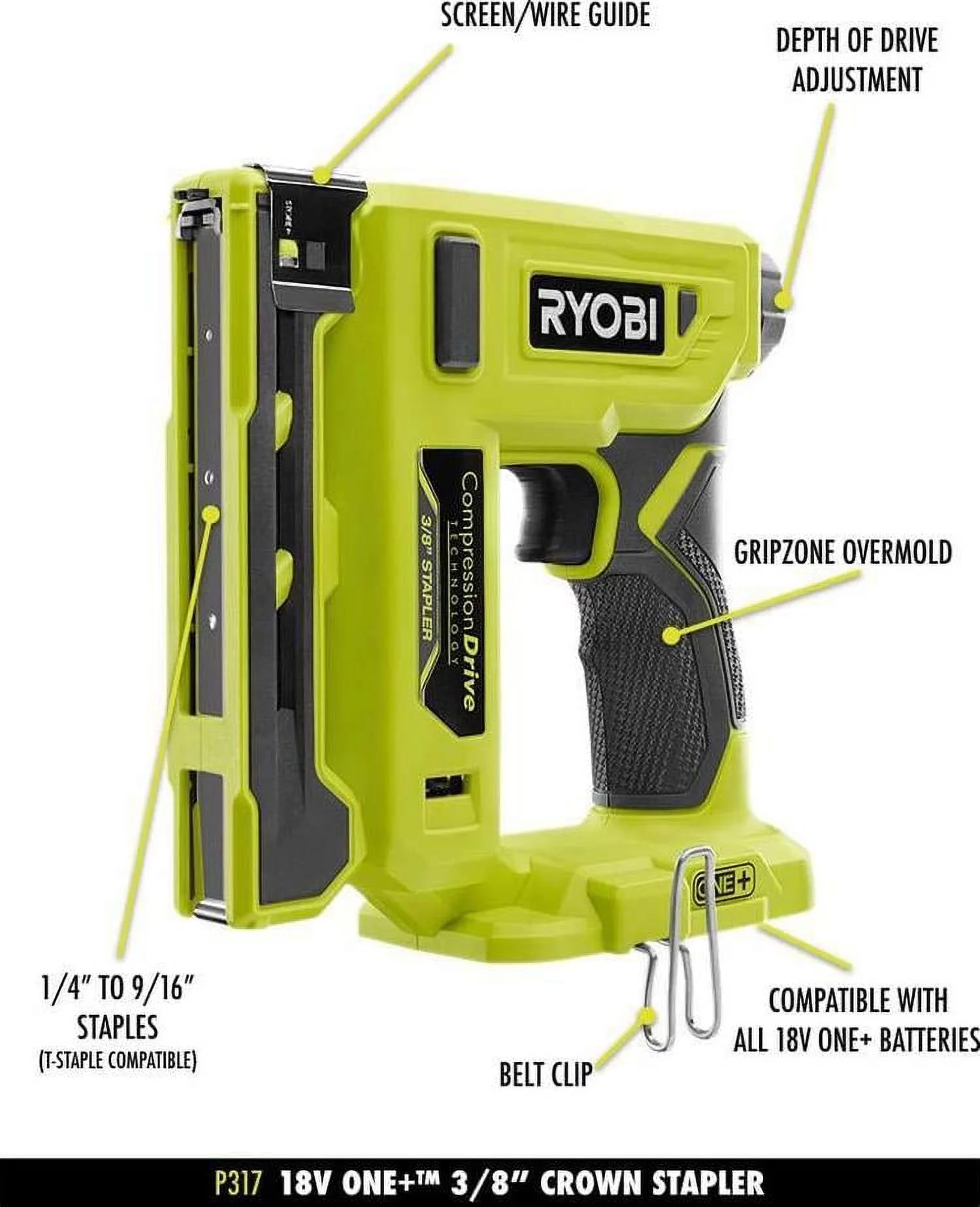 Ryobi 18-Volt ONE+ Cordless 3/8 in. Crown Stapler P317, Tool Only