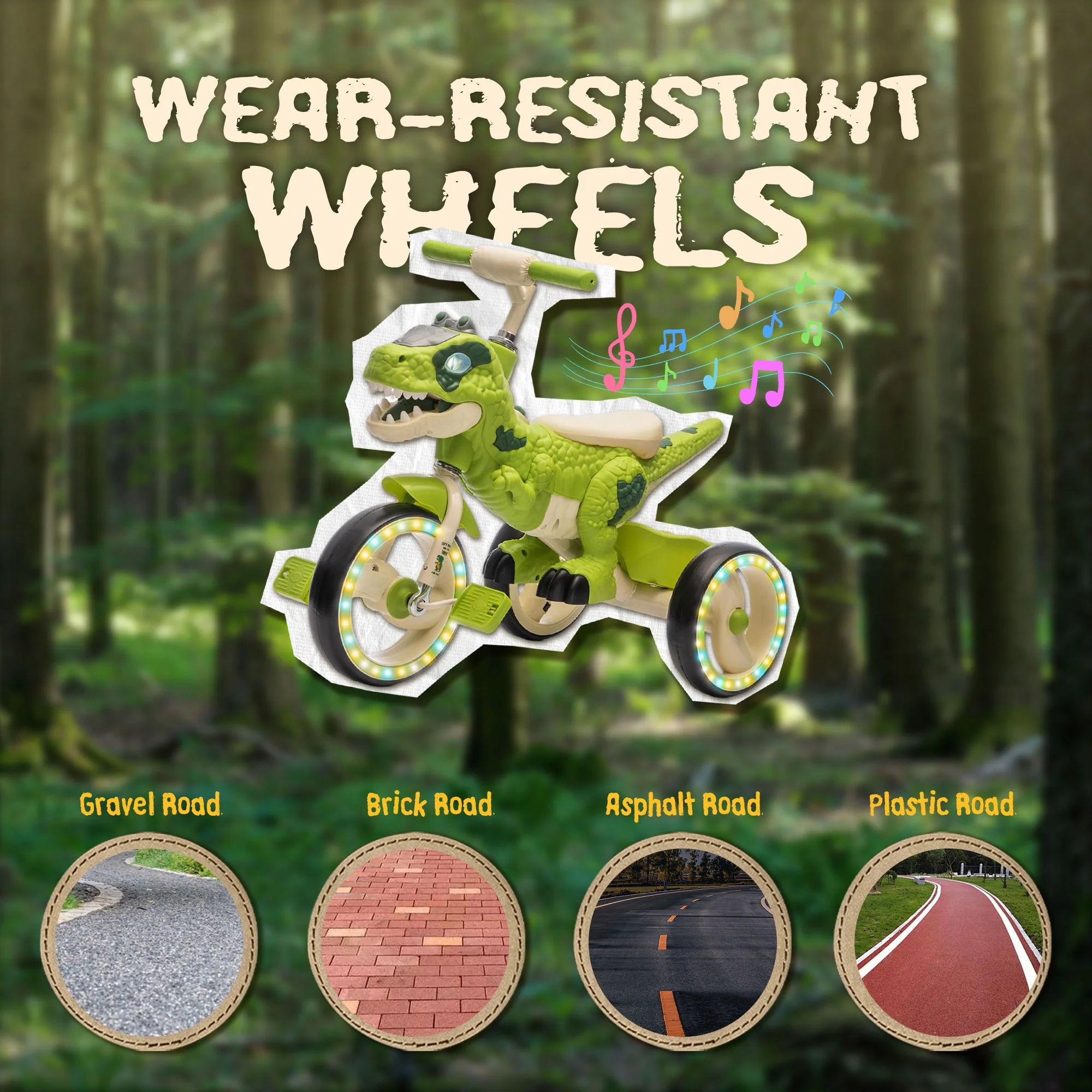 Xuanlur Kids Ride on Dinosaur Tricycle, Toddlers Kid Trike with Wide Flash Wheels, Anti-Slip Pedals, Rear Basket, Music & LED Lights, Toddler Bike Toys Gift for 3-6 Year Old Boys & Girls (Green)