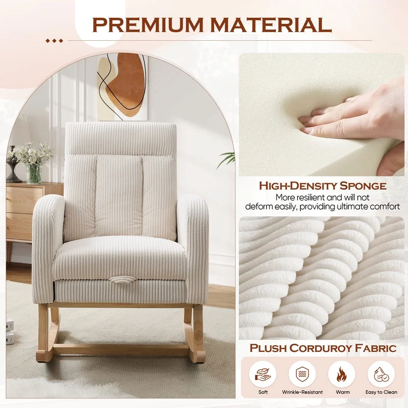 FFH Rocking Chair Nursery, Tufted Accent Rocker Chair, Upholstered Armchair with Adjustable Footrest, Side Pocket, High Backrest, Padded Seat, Polyester Blend (Retro, Dark Gray)