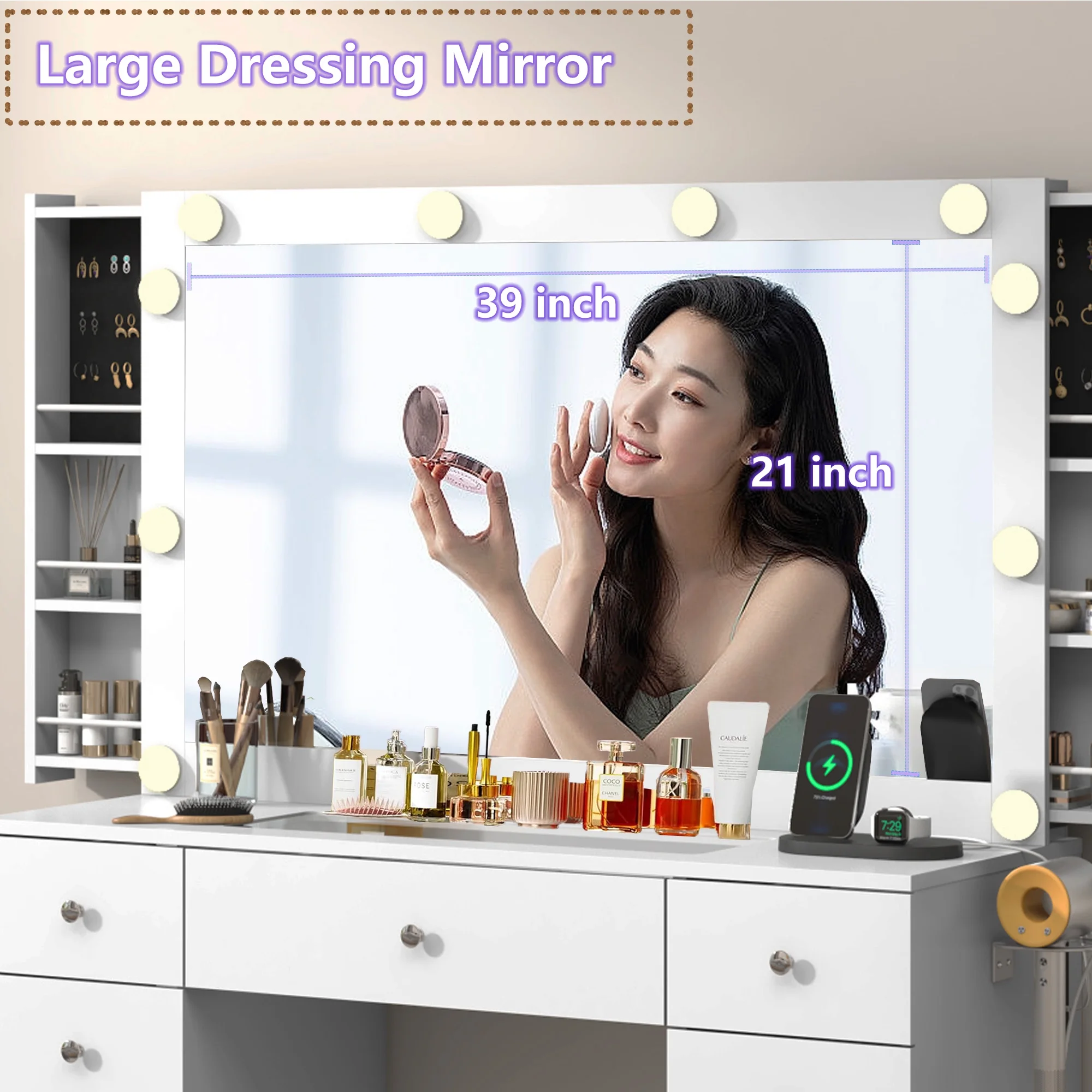 White Vanity Desk with Large Lighted Mirror & Power Outlet, Makeup Vanity Table with Glass Top & Drawers, Sliding Storage, 44.1