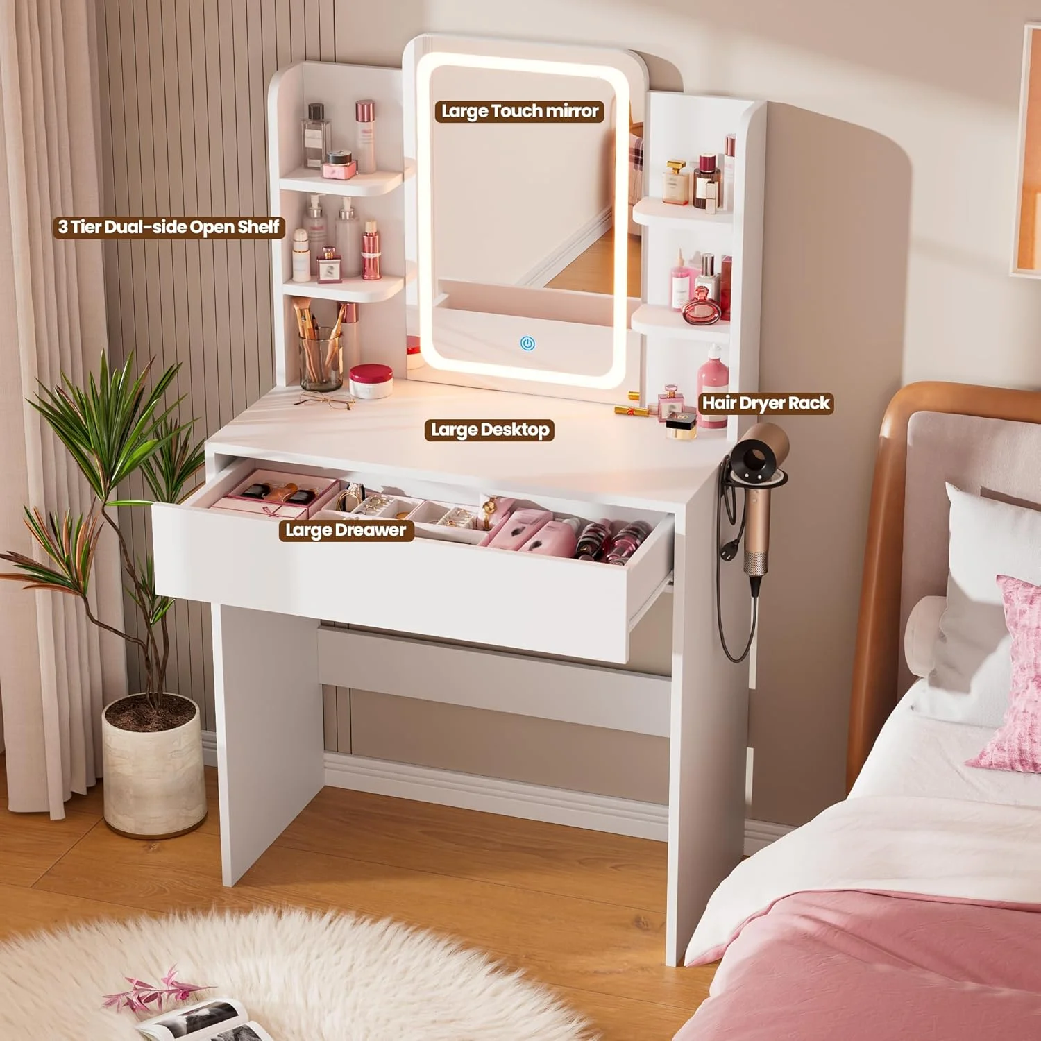 Vanity Table Set with Mirrors and Adjustable Lights ,Makeup vanity With Power Outlet for Bedroom Dressing Room,White