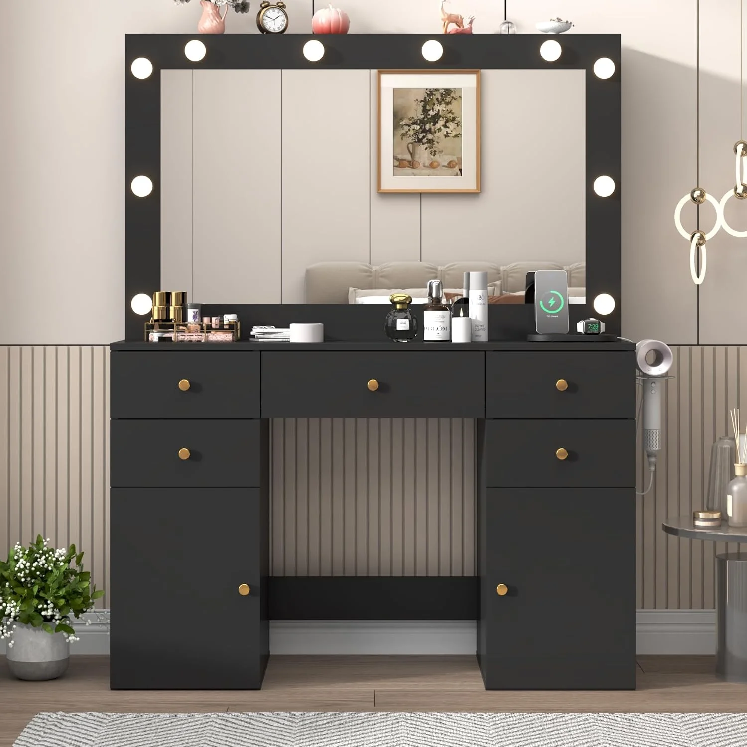 White Vanity Desk with Large Lighted Mirror & Power Outlet, Makeup Vanity Table with Glass Top & Drawers, Sliding Storage, 44.1