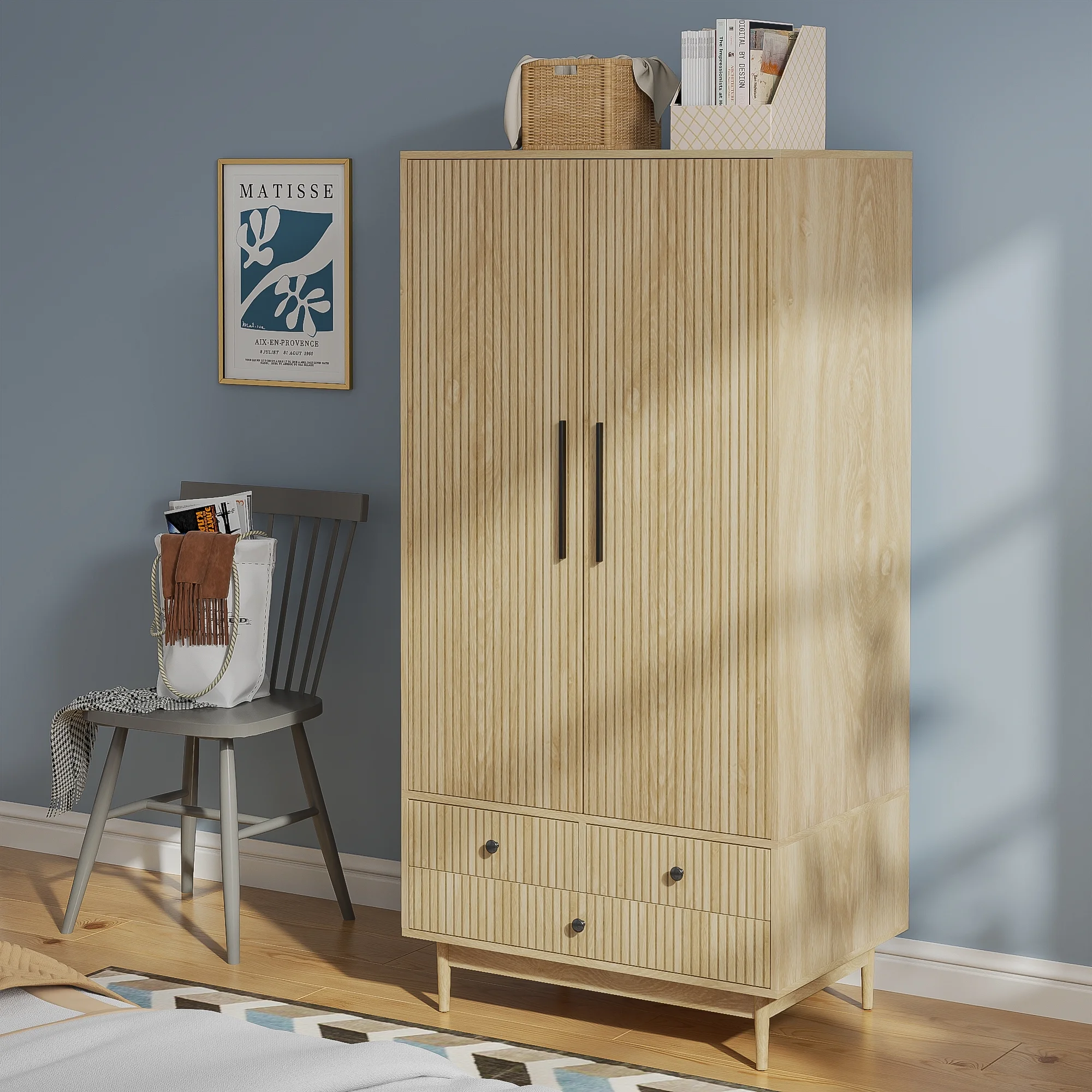 Armoire Wardrobe Closet, Closet Wardrobe Cabinet with Drawers and Hanging Rail for Bedroom, White