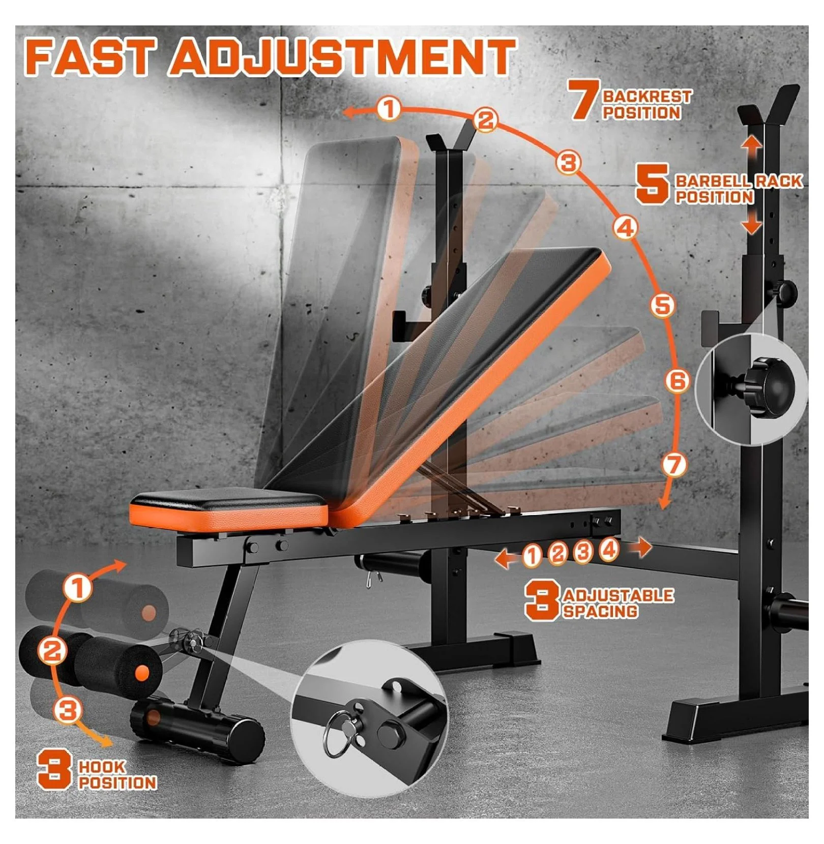 770lbs Weight Set with Squat Rack, 5 in 1 Workout Press With Removable Foot Catch, Adjustable Flat Incline Sit Up for Home Gym Full Body Strength Training orange
