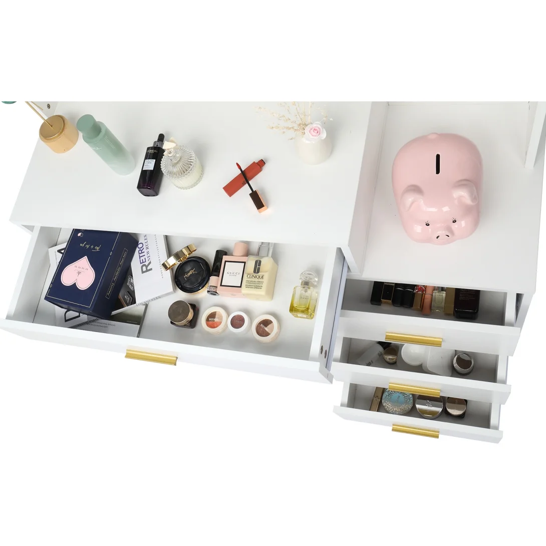 White Vanity Desk with Mirror and Lights, Makeup Vanity with Cushioned Stool, 3 Storage Shelves and 4 Drawers, Bedroom Dressing Table for Girls and Women, Christmas Gift