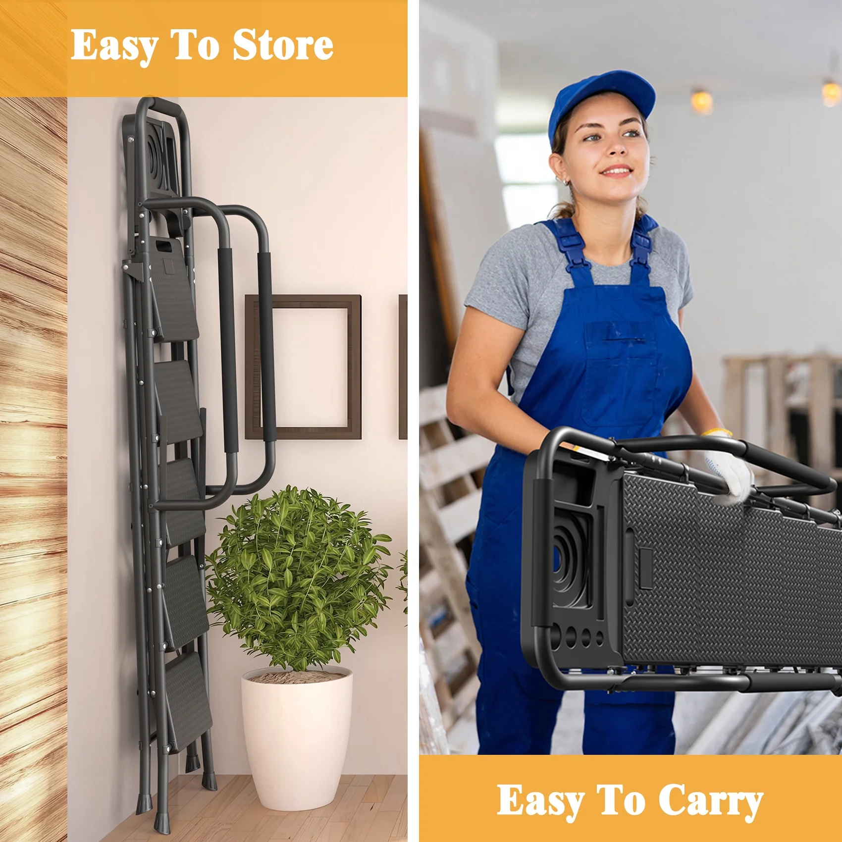 JOZ 5-Step Ladder, 350lbs Portable Folding Ladders for Home, with Handrails and Tool Tray and Anti-Slip Pedal, Black