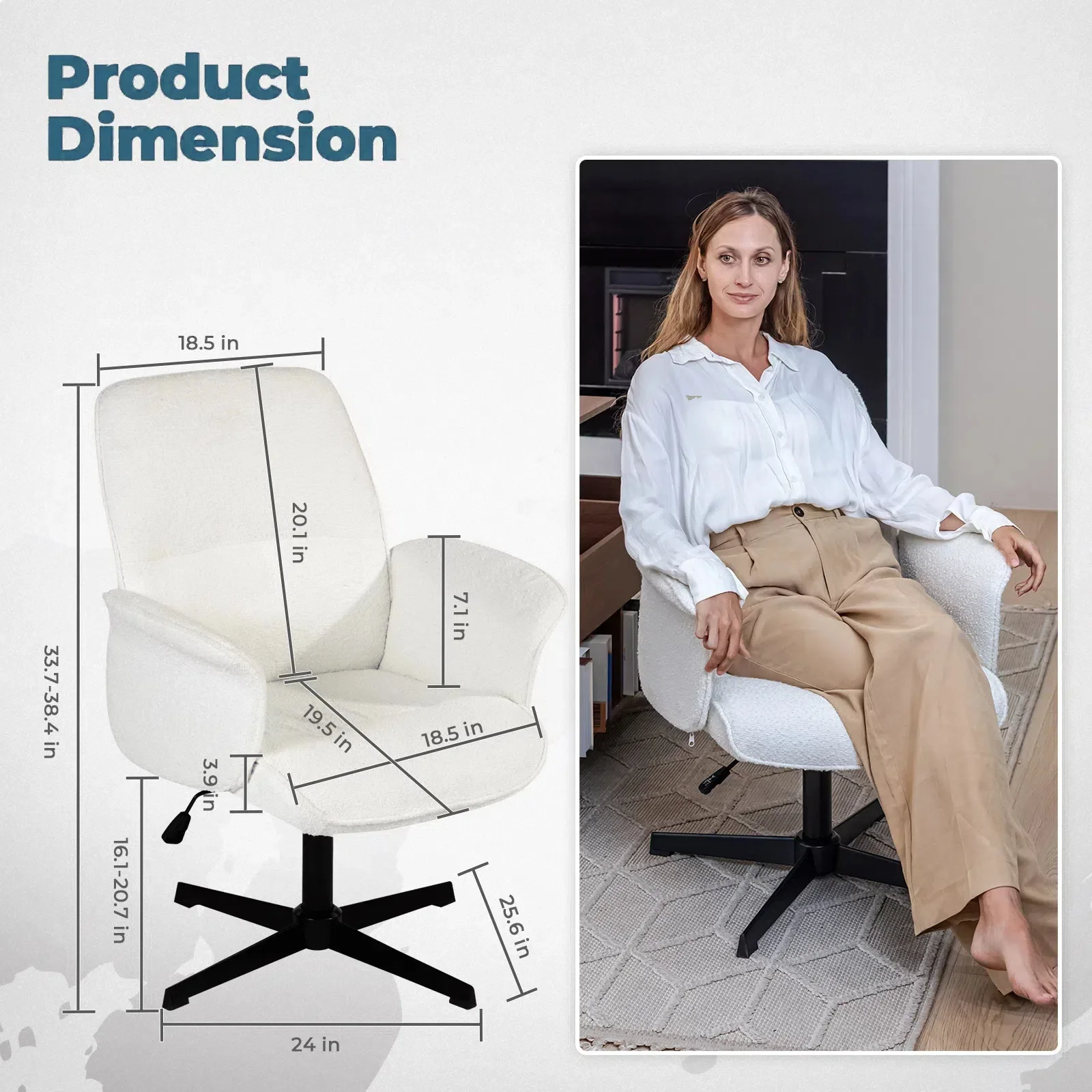 Homy Casa Ergonomic Criss Cross Leg Fabric Office Chair, Height Adjustable Wide Seat, Beige