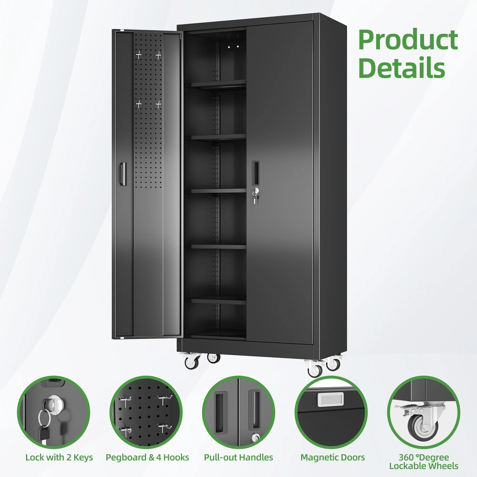 SUPEER Metal Rolling Storage Cabinets with Locking Doors and 5 Adjustable Shelves, Steel Garage Storage Cabinet for Garage, Office, Classroom, Assemble Required(Black)