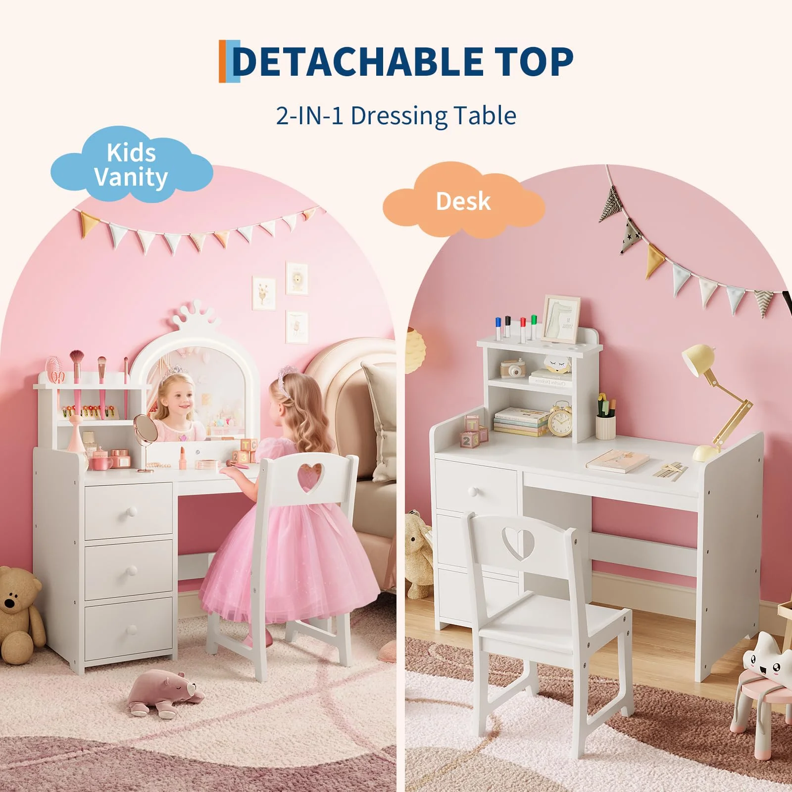 Yeshouse Princess Girls Makeup Vanity Table Set with Storage & Lights