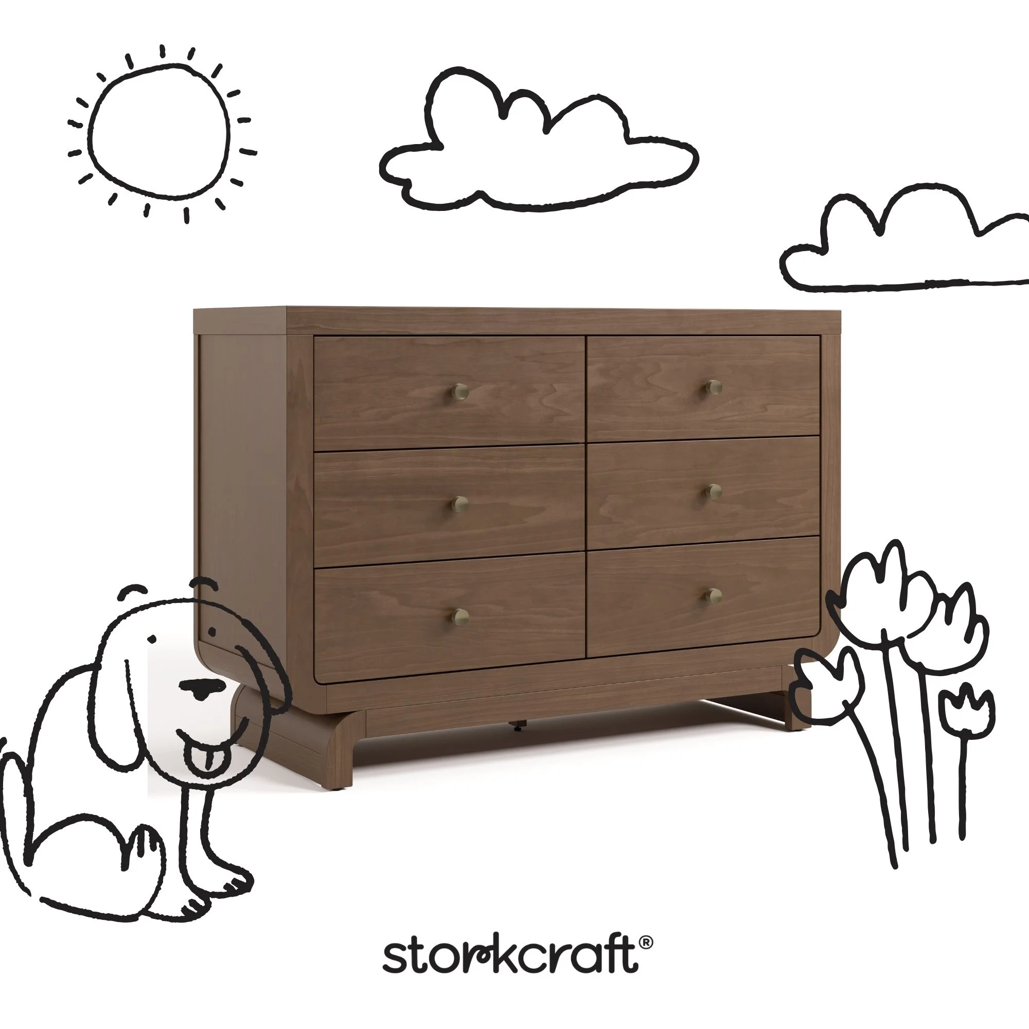 Storkcraft Santorini 6 Drawer Double Dresser, White/Driftwood