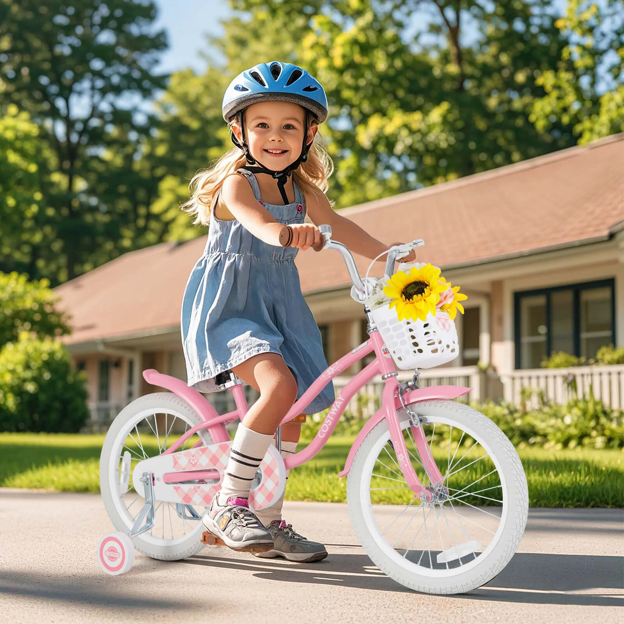 Costway 18'' Kids Bike Toddler Bicycle with Training Wheel Kickstand for 4-8 Years Old Pink