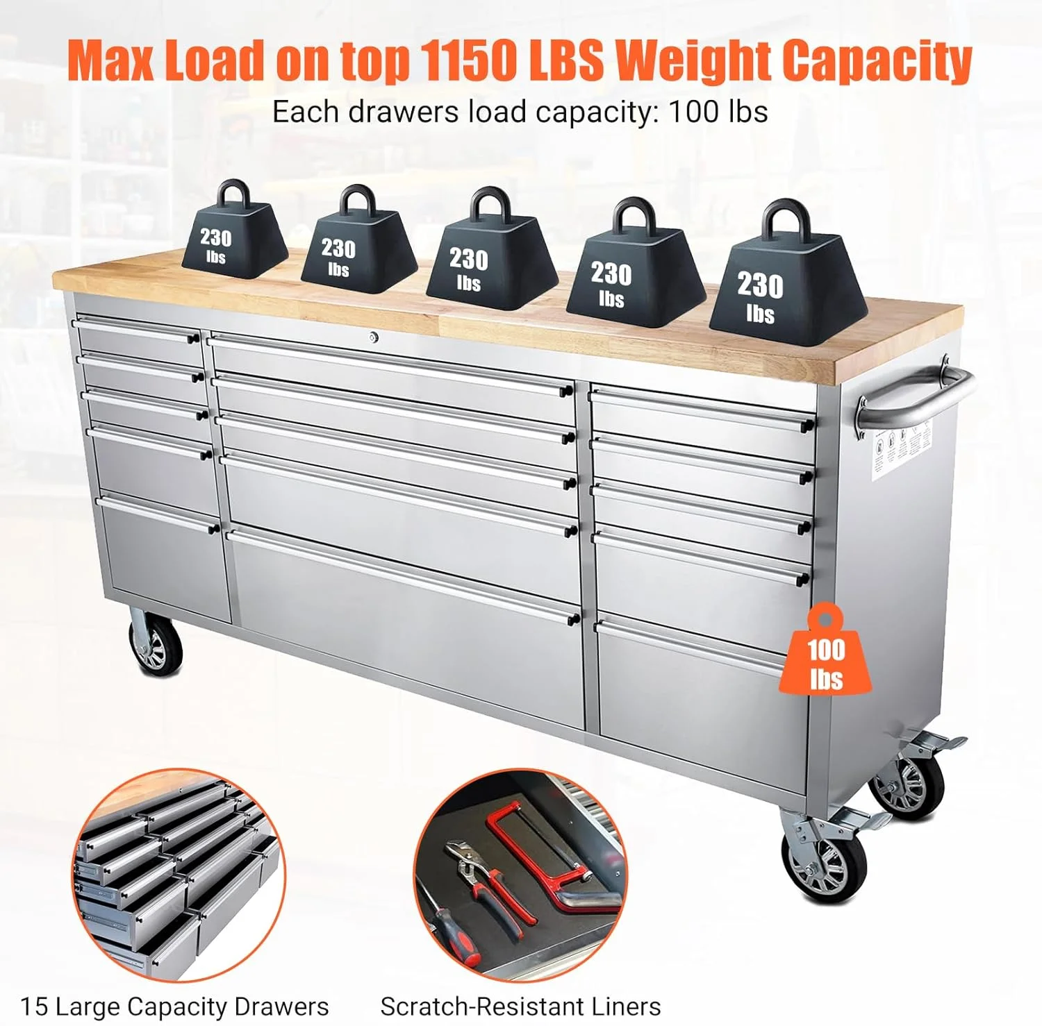 Kojooin 72-Inch Rolling Tool Cabinet, Large Rolling Tool Chest with 15-Drawer and Mobile Workbench, Heavy Duty Steel Storage Cabinet with Locking System for Warehouse, Garage, Basement