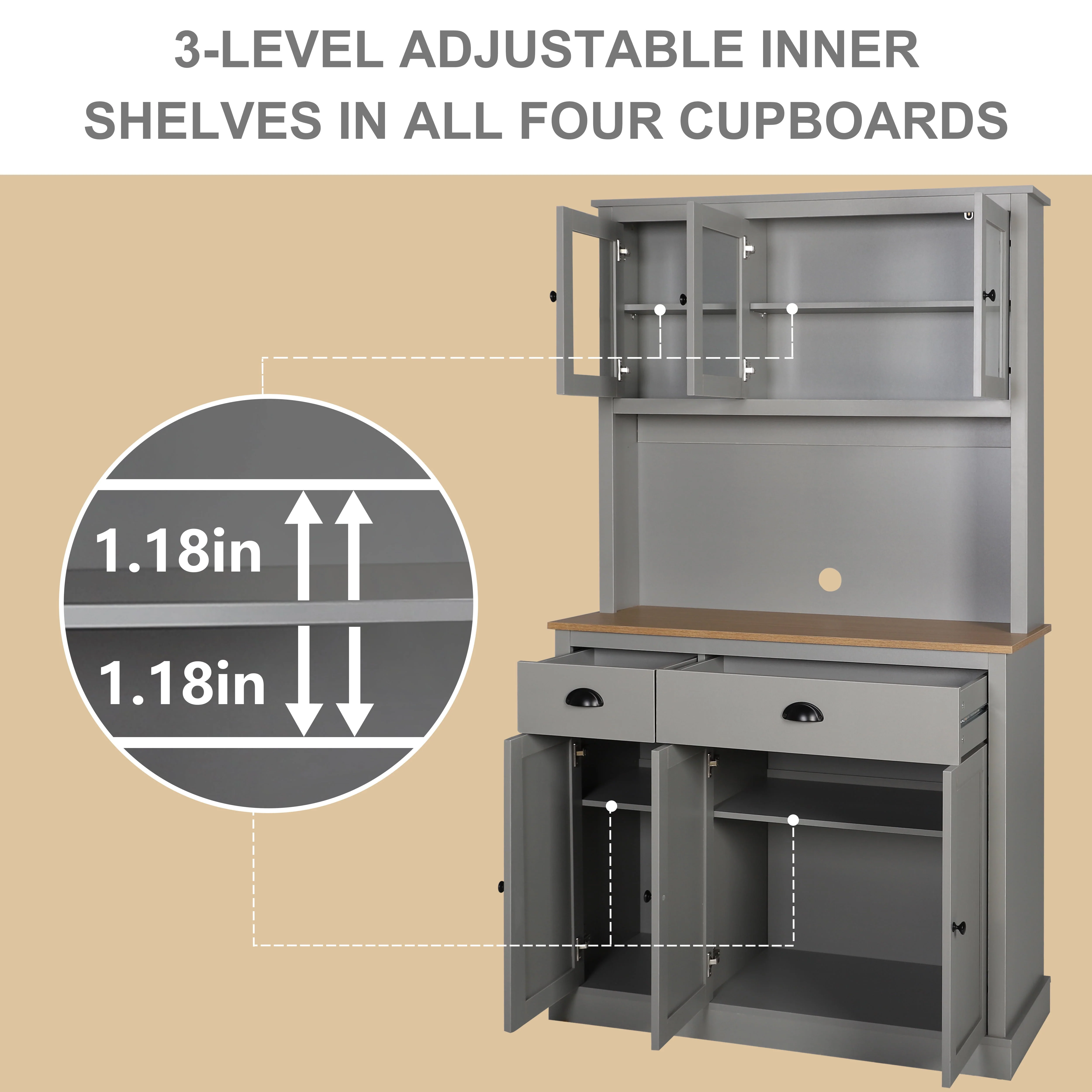 VEIKOUS 71'' Kitchen Pantry Hutch Cabinet, Pantry Storage Hutch w/Microwave Stand and Buffet Cupboard, Gray