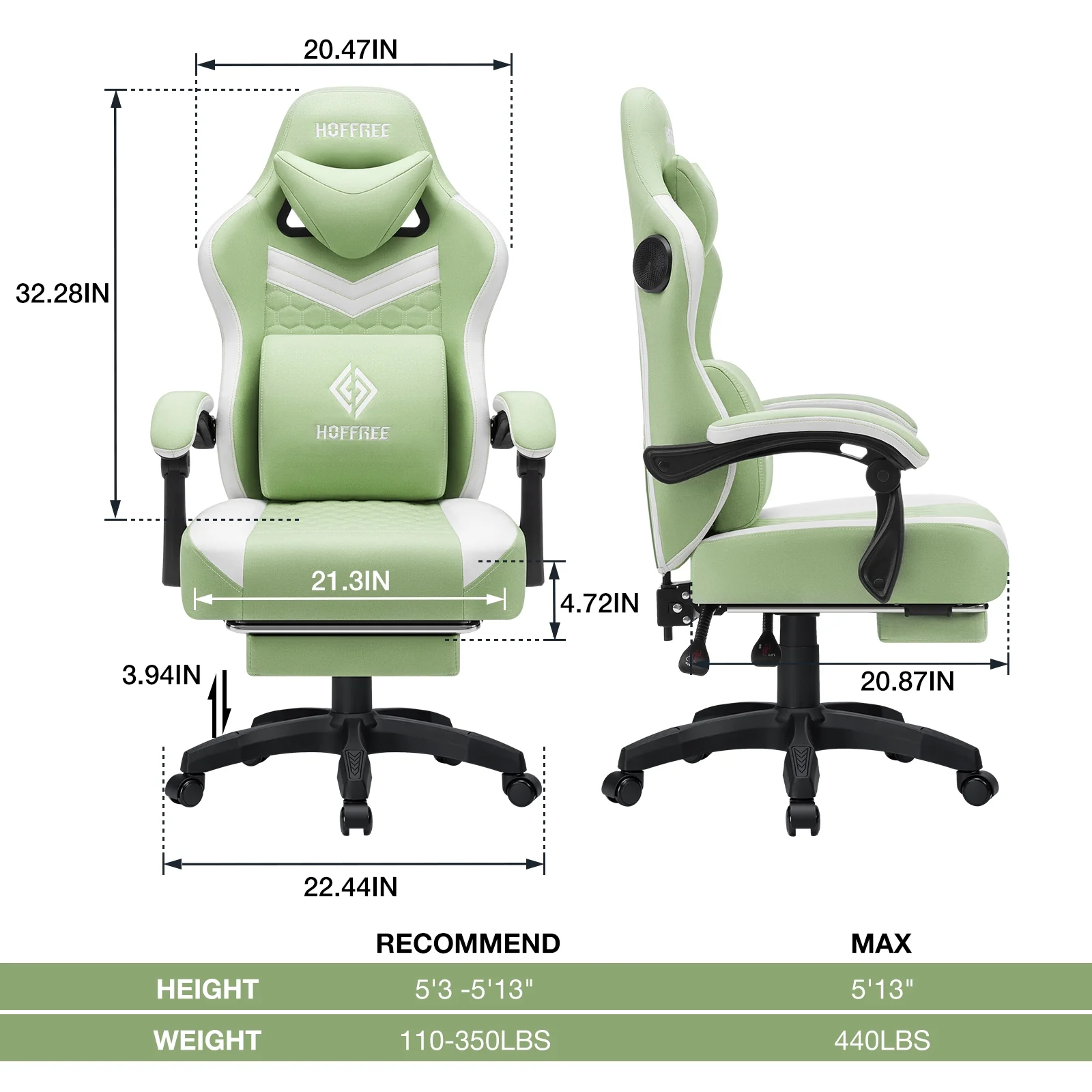 Hoffree Gaming Chair with Speakers Fabric Gamer Chair with footrest and massage Big and Tall Video Game Chair with Headrest and Lumbar Support for Adults