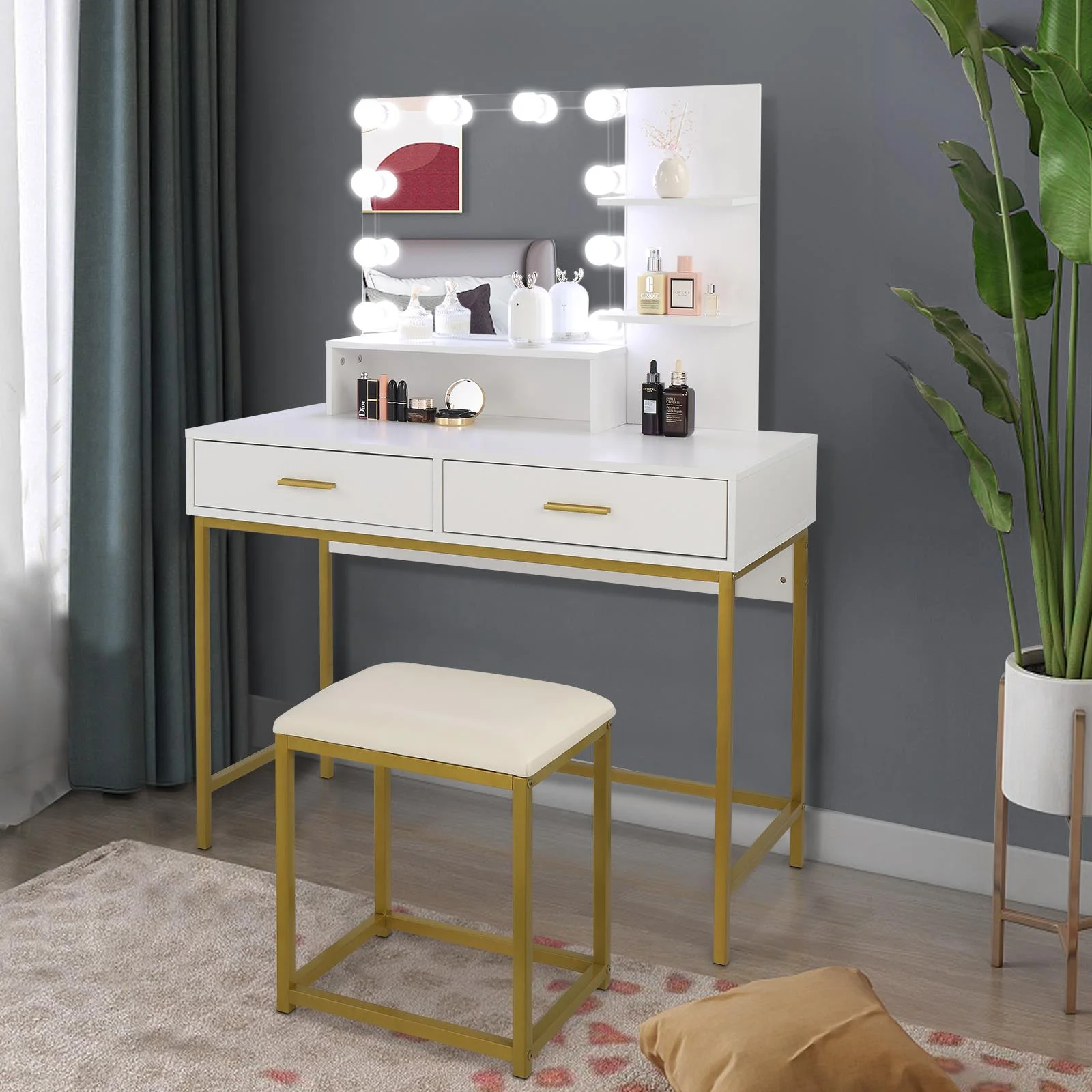Ktaxon Lighted Makeup Vanity, White Vanity Table Set with 2 Drawer and Charging Station, Femal Gift