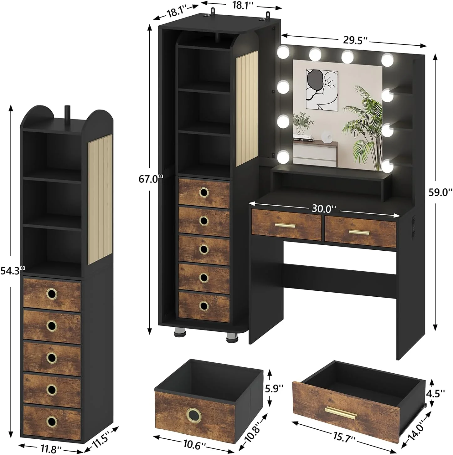 Makeup Vanity Desk with Mirror and Lights, White Vanity Desk with Charging Station, LED Cabinet, 5 Drawers & Storage Bag, Vanity Mirror with Lights Desk and Chair, Vanity Table Set with Stool