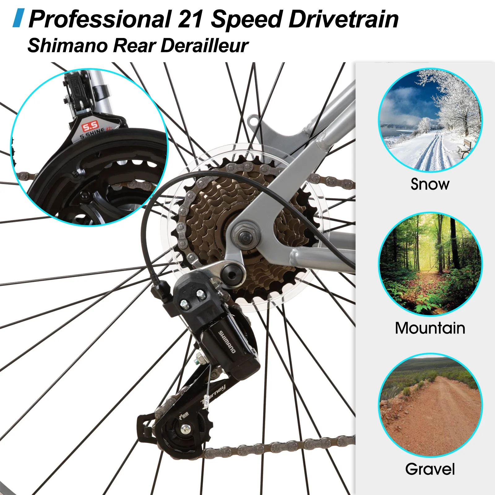 Hiland 26 27.5 29 Inch Mountain Bike, Mens Womens MTB with 21 Speeds, High-Tensile Steel Frame, V Brake, Hardtail Bicycle for Adults