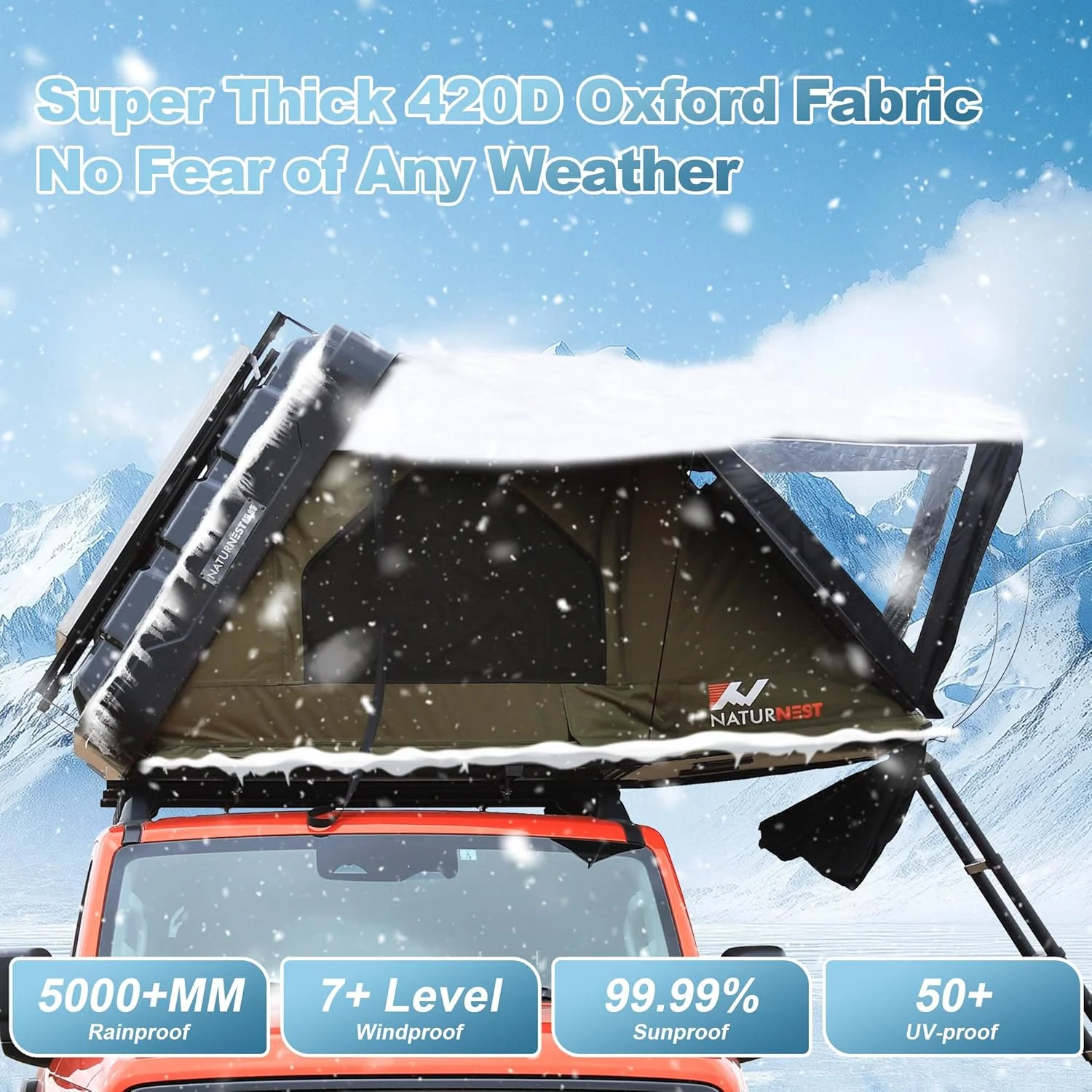 Naturnest Rooftop Tent Hard Shell, Easy Set Up Pop Up Large Tent for 2-3 Person Camping, Waterproof Windproof UV-Resistant Blackout 4 Season Tents for Truck, Jeep, SUV, Van, Trailer - Sirius 1 Plus