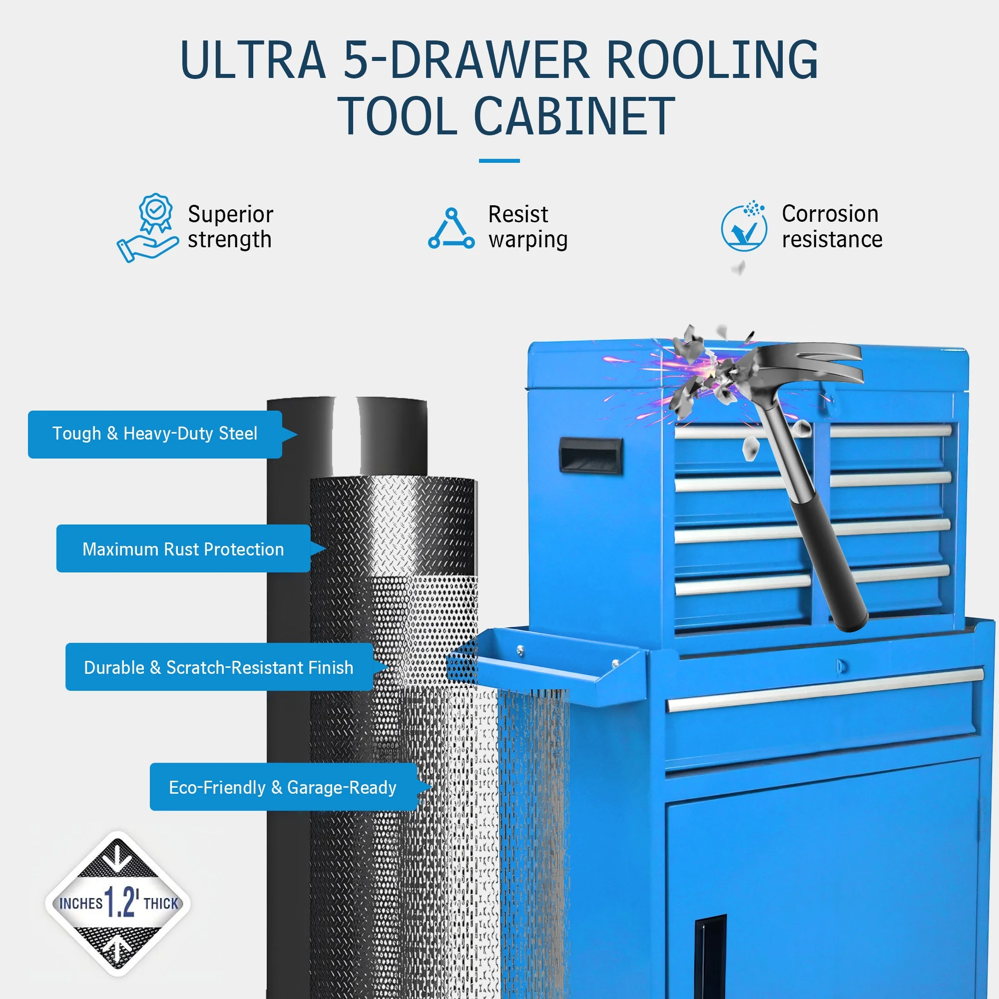 Tool Chest, 5-Drawer Rolling Tool Storage Cabinet with Detachable Top Tool Box, Universal Lockable Wheels