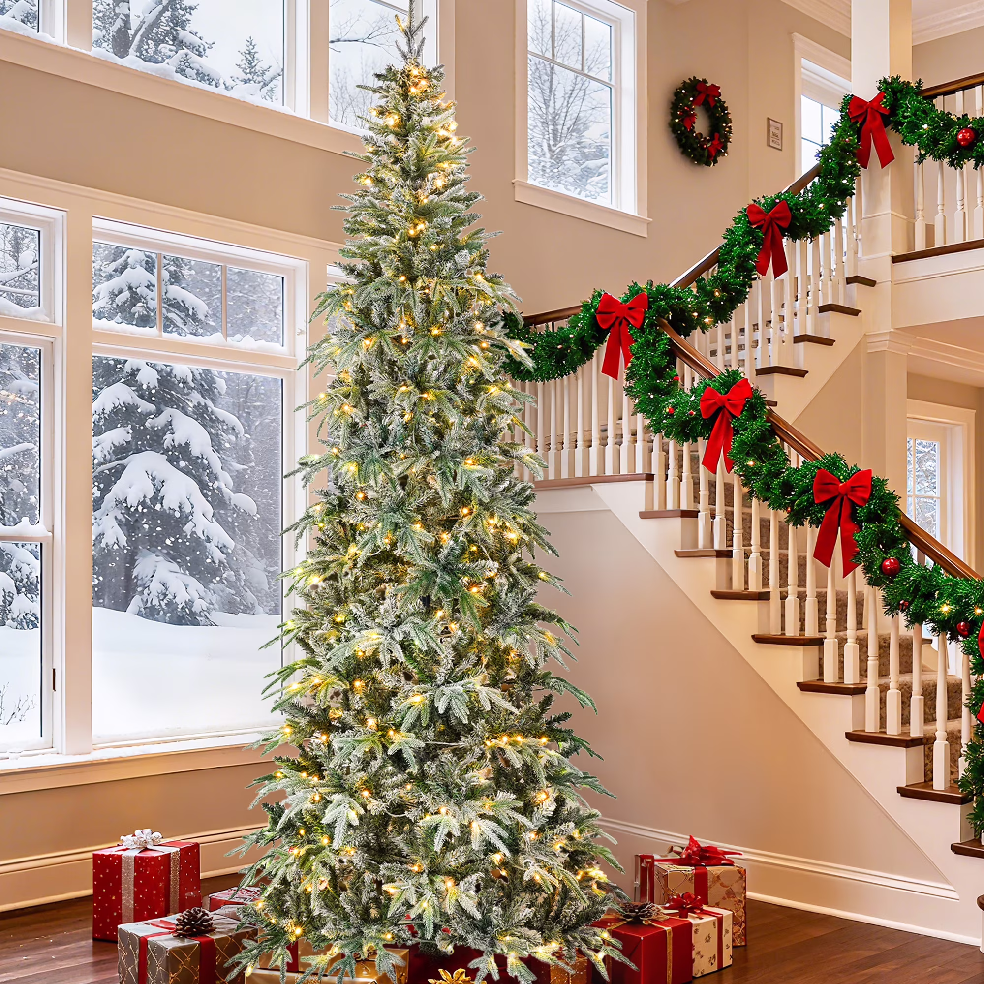 Qunler 9ft Snow Flocked Christmas Tree with 2028 Tips, Artificial Snowy Xmas Pine Tree with Reinforced Metal Base for Home Office Party Holiday Decorations ,White(NO Light)